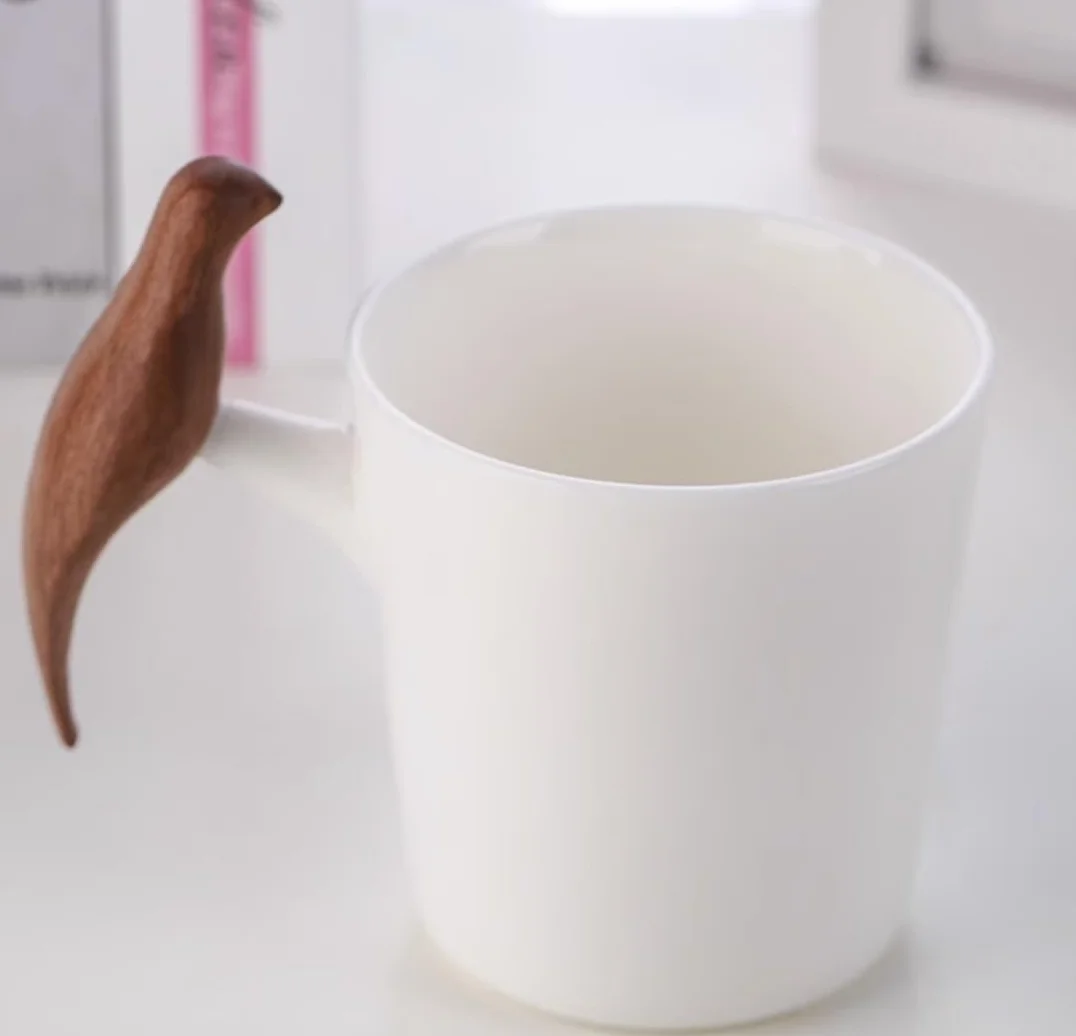 Kubek Filiżanka kawy Filiżanka herbaty, kubek kawy Kubki ceramiczne Nowość Biały ceramiczny kubek do kawy z drewnianym uchwytem w kształcie ptaka Ceramiczny kubek do herbaty Para szklanek Kubki do kaw