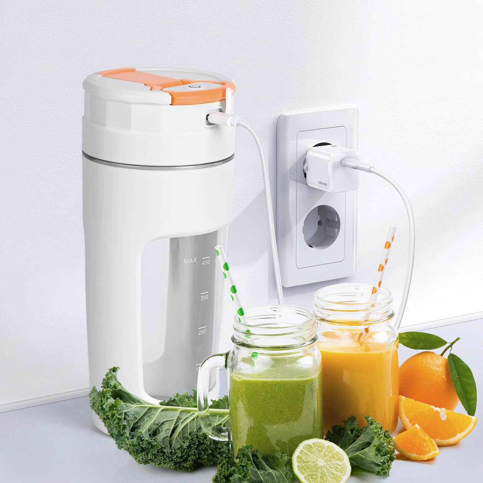 Lekki Przenośny Blender, ręczny mikser do owoców o pojemności 600 ml, mocny bezprzewodowy mini blender, z możliwością ładowania, smoothie, koktajle białkowe, kruszy lód i mrożone owoce (Biały)