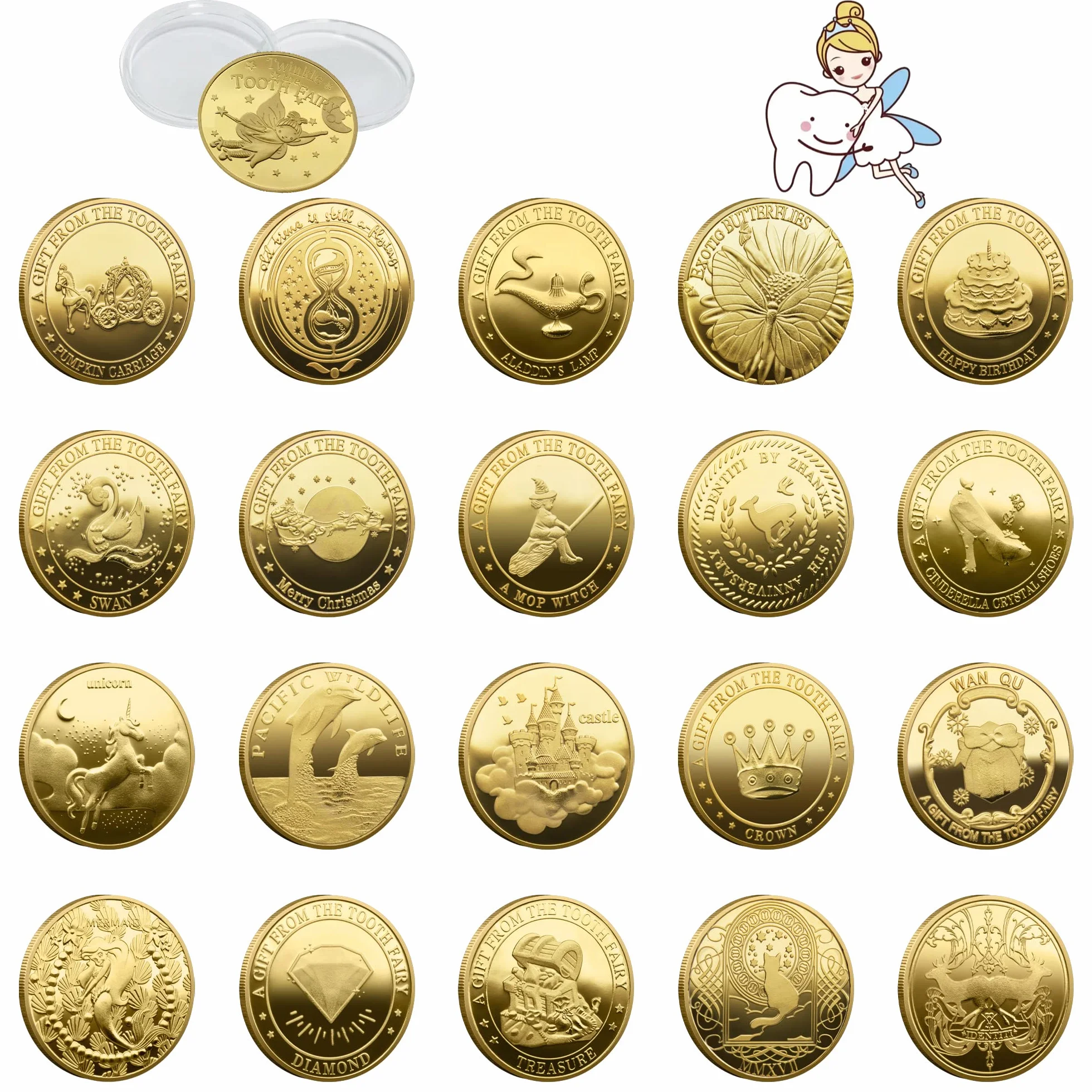 20 sztuk Zębów Fairy Monet, Fairy Tooth Prezenty dla dziewczynek i chłopców, Zęby wróżki złote monety,brakujące zęby prezenty dla dzieci, złote zęby bajki monety (2)