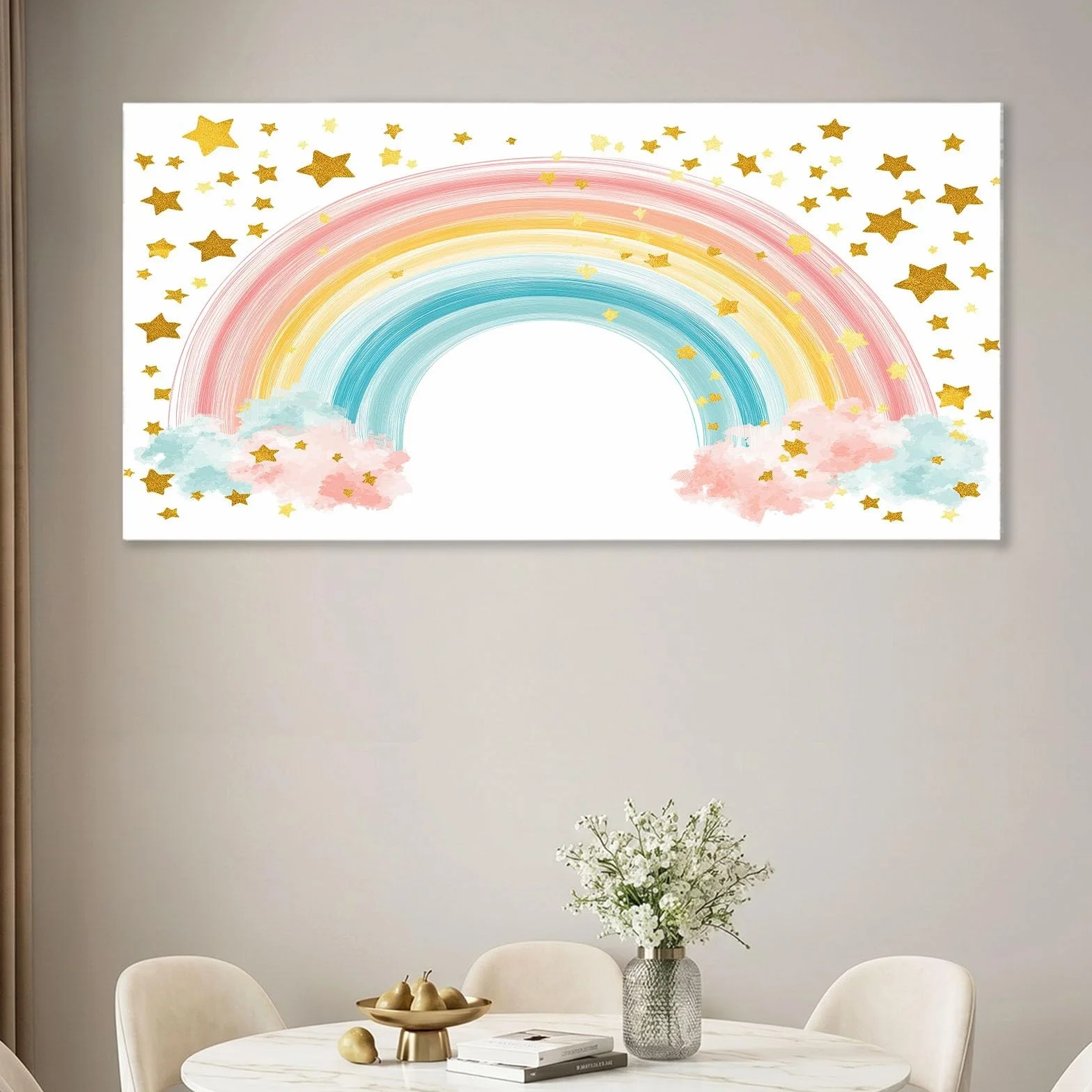 Obraz ścienny z kreskówki obraz na płótnie - obraz na płótnie 120 x 80 cm, druk na płótnie z tęczą, gwiazdą, chmurą, oprawiona sztuka ścienna do salonu i sypialni, dekoracja ścienna, biały