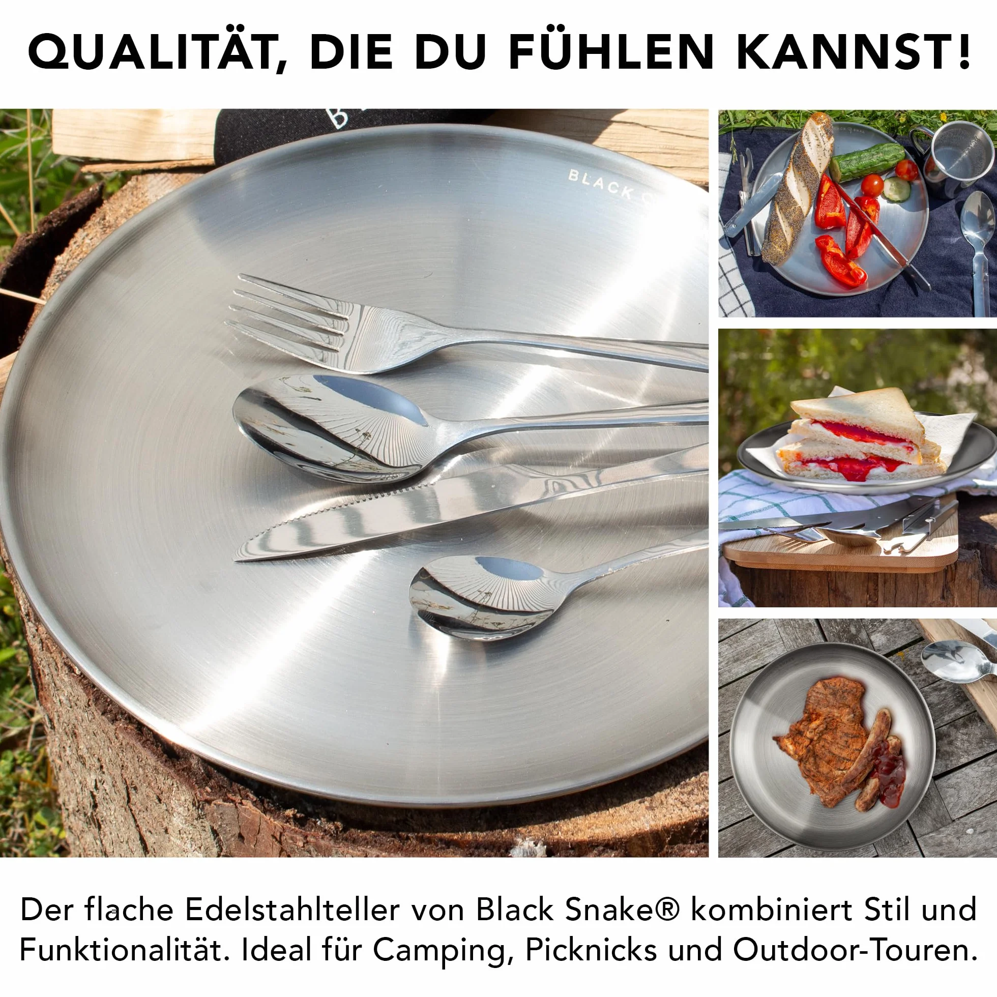Black Snake Talerze kempingowe ze stali nierdzewnej, Ø 23 cm, zestaw 4 sztuk, srebrne | Płaskie talerze outdoorowe, na piknik, trekking i podróże, wytrzymałe, nierdzewne, łatwe w pielęgnacji