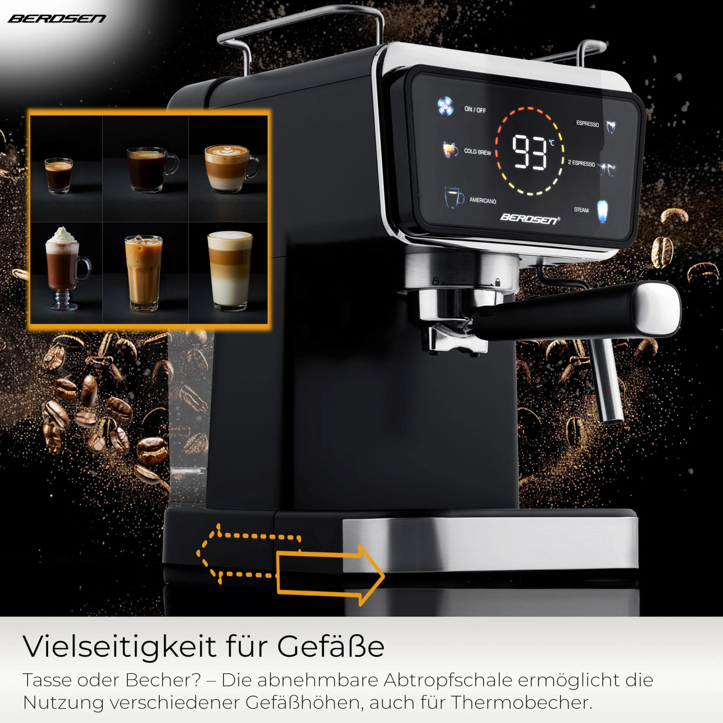 Berdsen Ekspres do Kawy - Kolbowy - 1,5 l 20 bar - Spieniacz do Mleka - 2 Filtry - Cool Espresso - Czarny