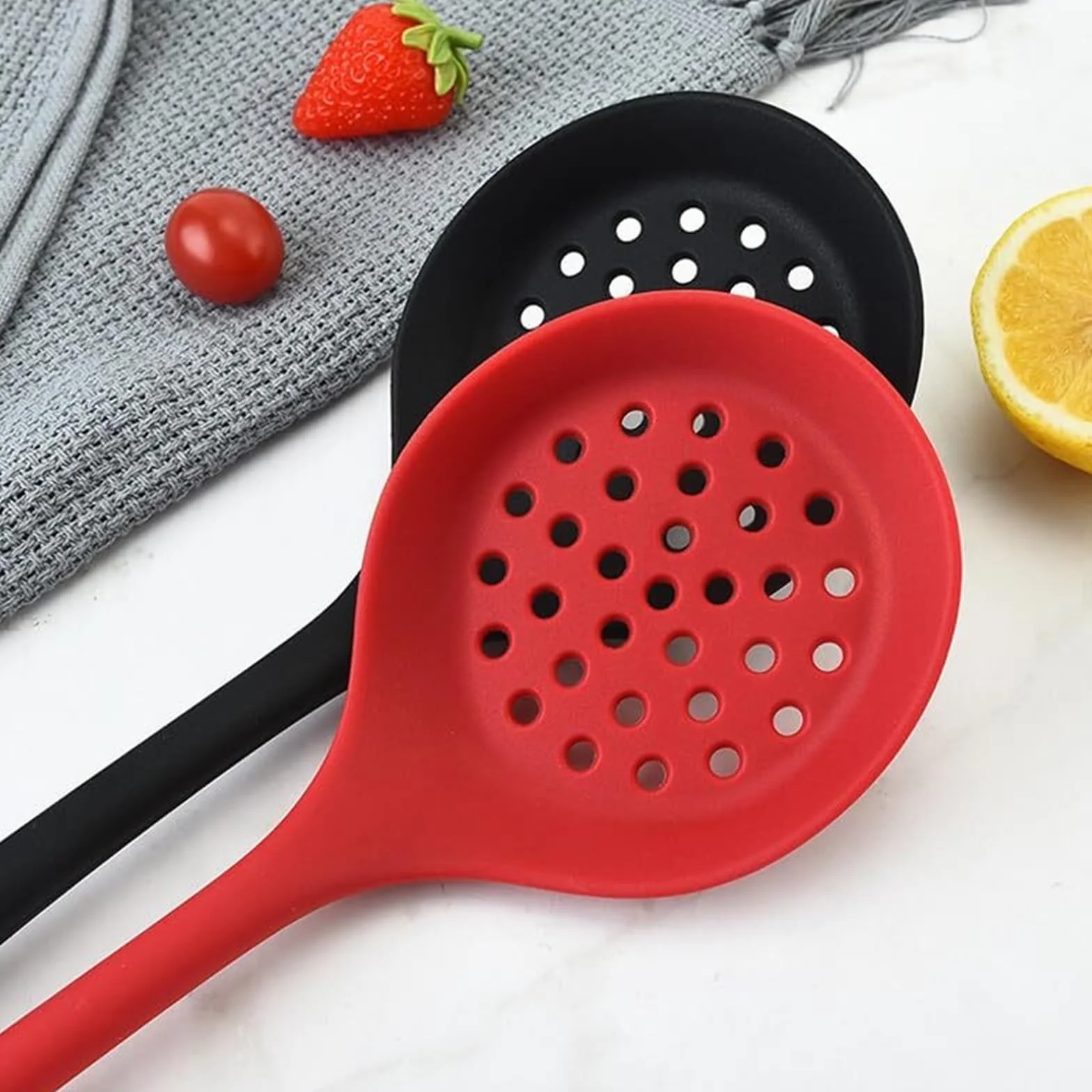 Sitko Kuchenne Długa Rączka Silikonowa Miska Filtracyjna Nieprzywierająca Łyżka Do Gotowania Z Filtrem Miska Filtracyjna Narzędzia Kuchenne Łyżka Do Odcedzania(Black)