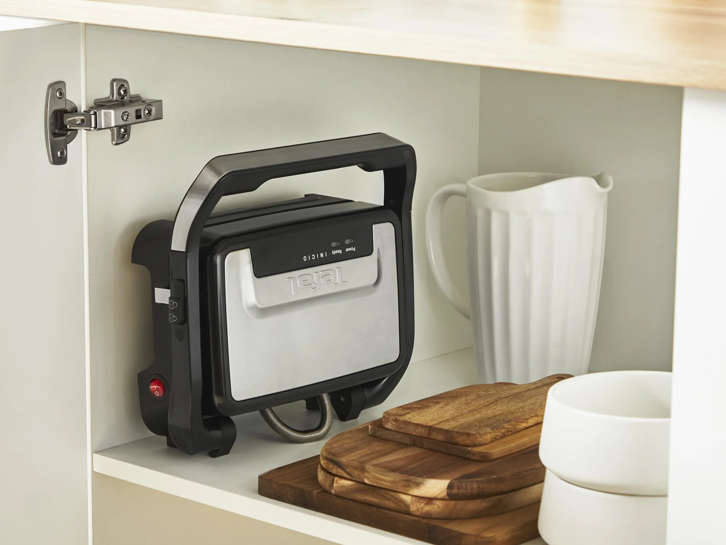 TEFAL GC270D10 Opiekacz do panini i grill Inicio Compact, 2w1, porcja dla 2 osób, szybkie nagrzewanie, 1000 W, nieprzywierające płyty, wyjmowana tacka ociekowa, pionowe przechowywanie, srebrno-czarny