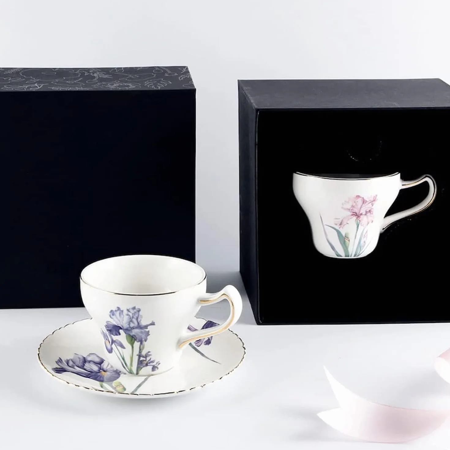 porcelanowa filiżanka i spodek, filiżanka do kawy, Ceramiczny kubek do kawy i spodek z wzorem Iris, porcelanowy zestaw do herbaty dla kobiet, filiżanki do latte