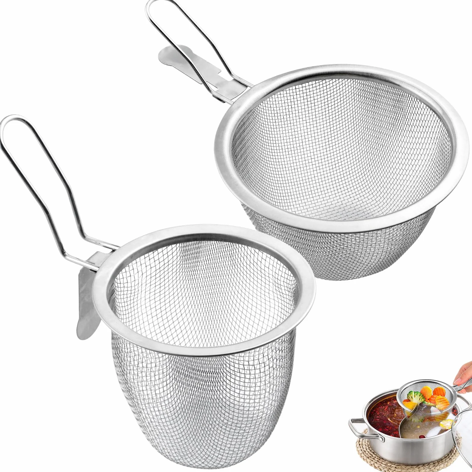 2 sztuki sita do fondue, stalowy kosz na makaron z uchwytem, kosz do smażenia do gotowania i smażenia, z haczykami (2 rozmiary, srebrny)