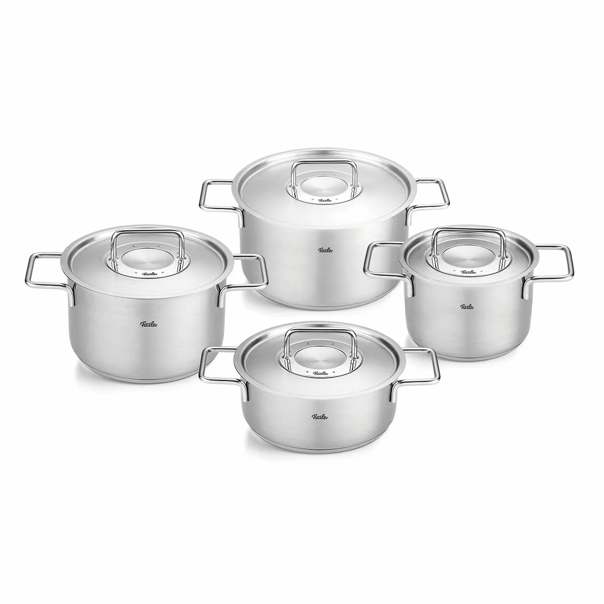 Fissler Pure Collection zestaw garnków ze stali nierdzewnej, 4-częściowy, garnki z metalową pokrywką (3 garnki, 1 garnek do pieczenia) – indukcja, duże