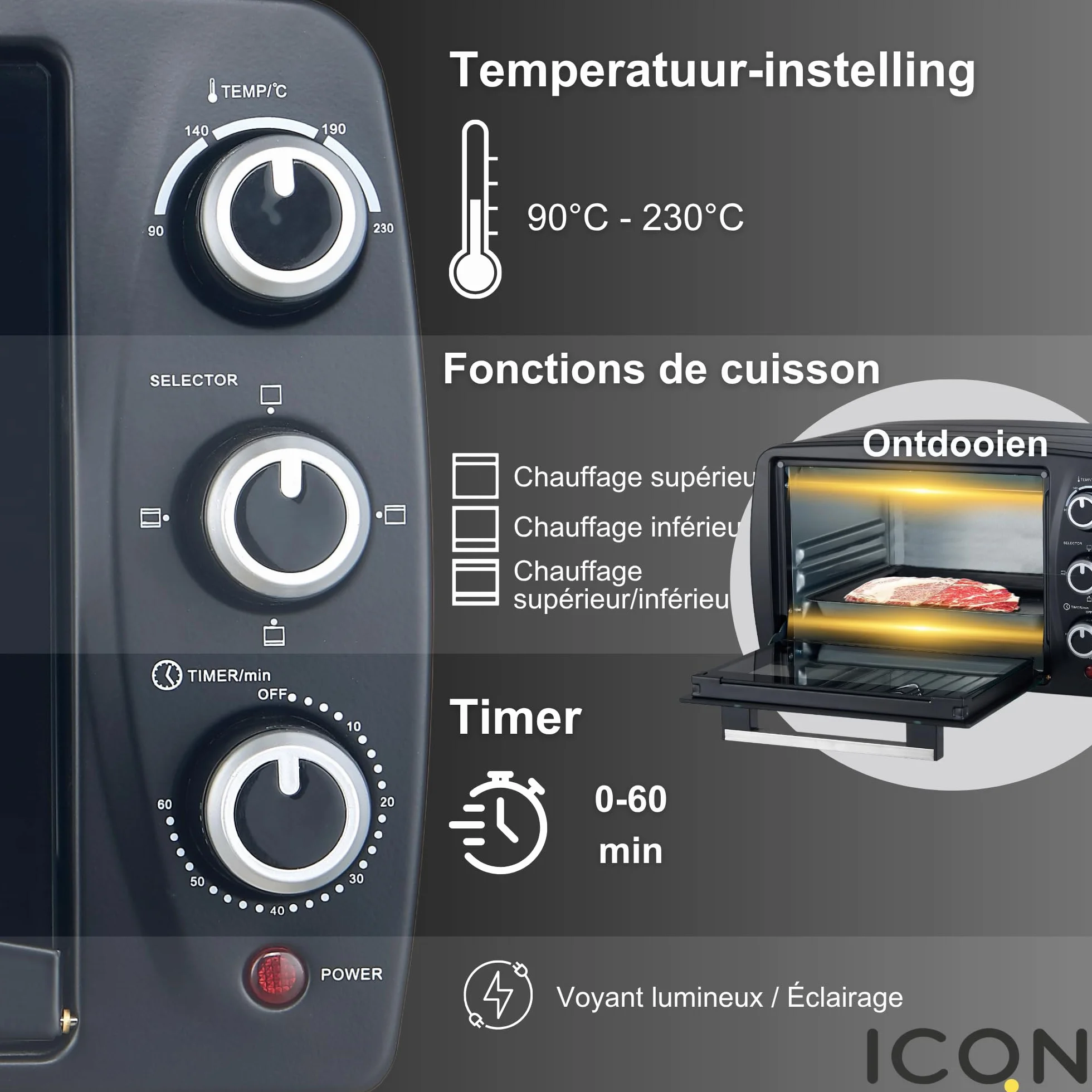 ICQN Kompaktowy mini piekarnik 15 litrów, 1200 W, timer 60 min, 3 funkcje gotowania, 90°-230°C, mały piekarnik kempingowy, antracytowy, 2 lata