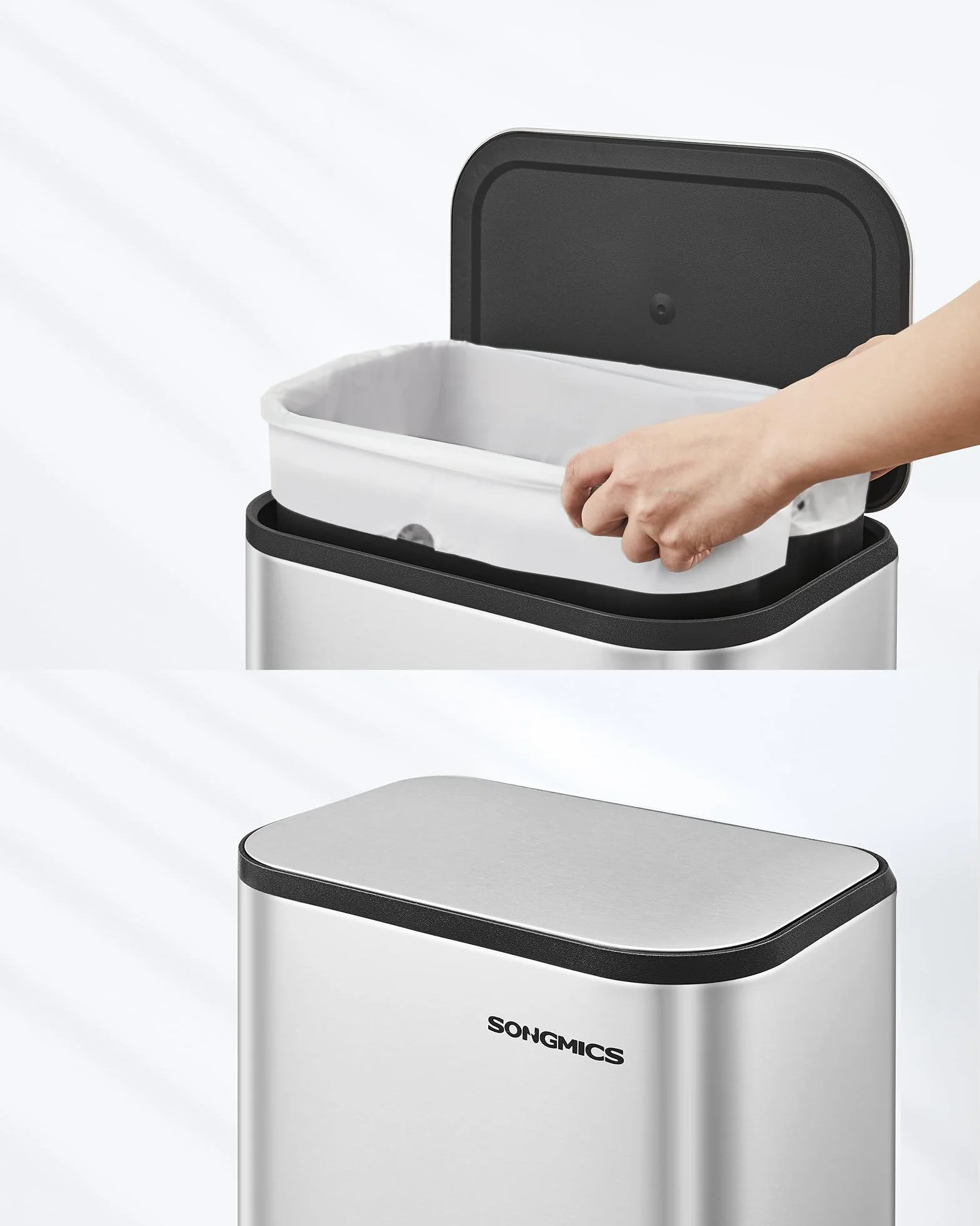 SONGMICS Kosz na śmieci do kuchni, 20 l, kosz na śmieci z pokrywką, stalowy kosz na śmieci z pedałem, funkcja cichego domykania, z pojemnikiem wewnętrznym, szeroki, antypoślizgowy, metaliczny