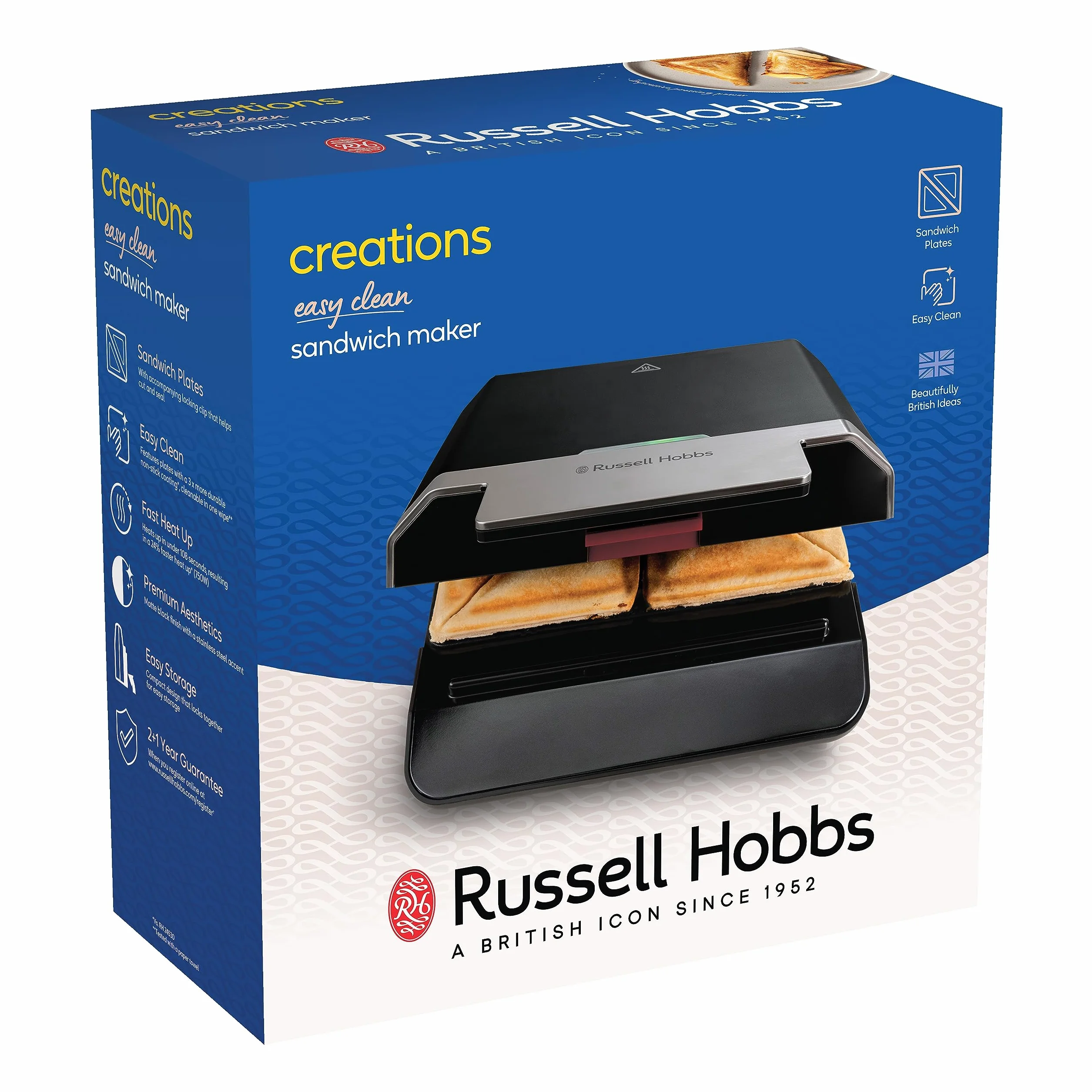 Russell Hobbs Opiekacz do kanapek, wytrzymałe nieprzywierające płyty, łatwy w czyszczeniu, szybkie nagrzewanie, bez BPA, przechowywanie w pionie, 750W, czarny, Creations Easy Clean, 26800-56