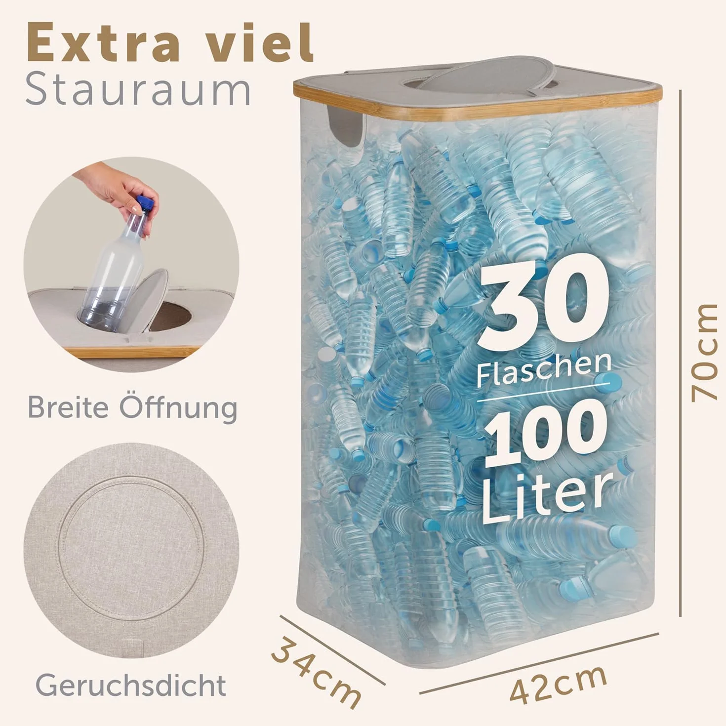 Blumtal Pojemnik na butelki z kaucją 100L - Bambusowy organizer - Torba na butelki - Zwrotne z otworem