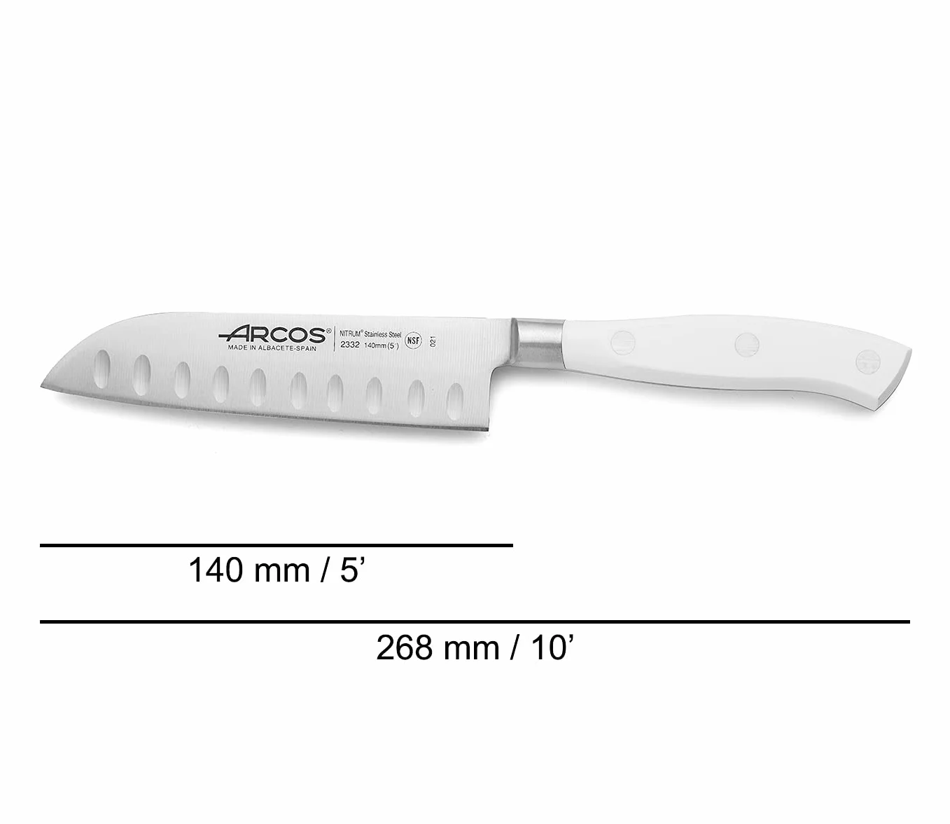 Arcos Seria Riviera Blanc nóż Santoku - ostrze kute ze stali nierdzewnej 12,7 cm - uchwyt polioksymetylen (POM) kolor biały