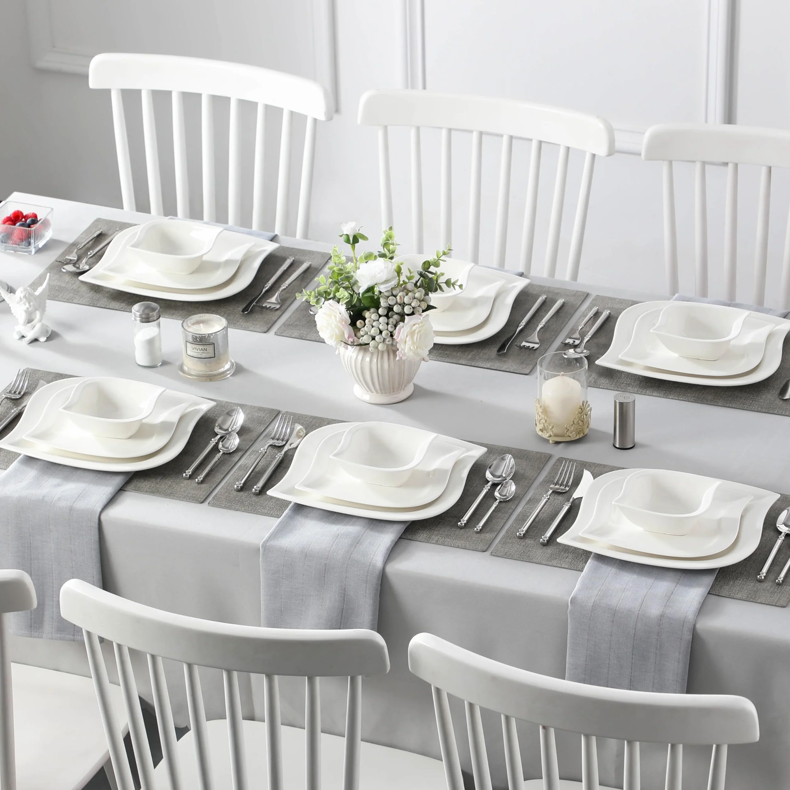 MALACASA Seria ELVIRA Zestaw naczyń z porcelany, 18-częściowy zestaw naczyń dla 6 osób z 6 talerzami obiadowymi 26 cm, 6 talerzykami deserowymi 21 cm, 6 miseczek na zupę 240 ml, białe