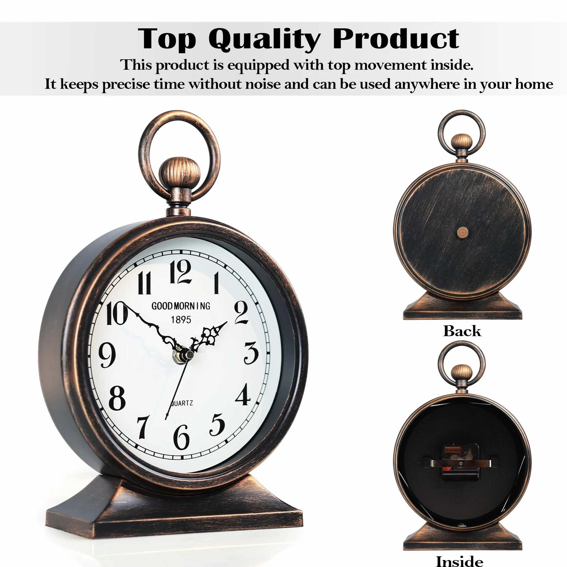 AYRELY® Zegar kominkowy vintage z uchwytem, antyczne metalowe zegary biurkowe na baterie, retro zegar stołowy do sypialni, salonu, półki, domu, kominka, wystrój 18 cm