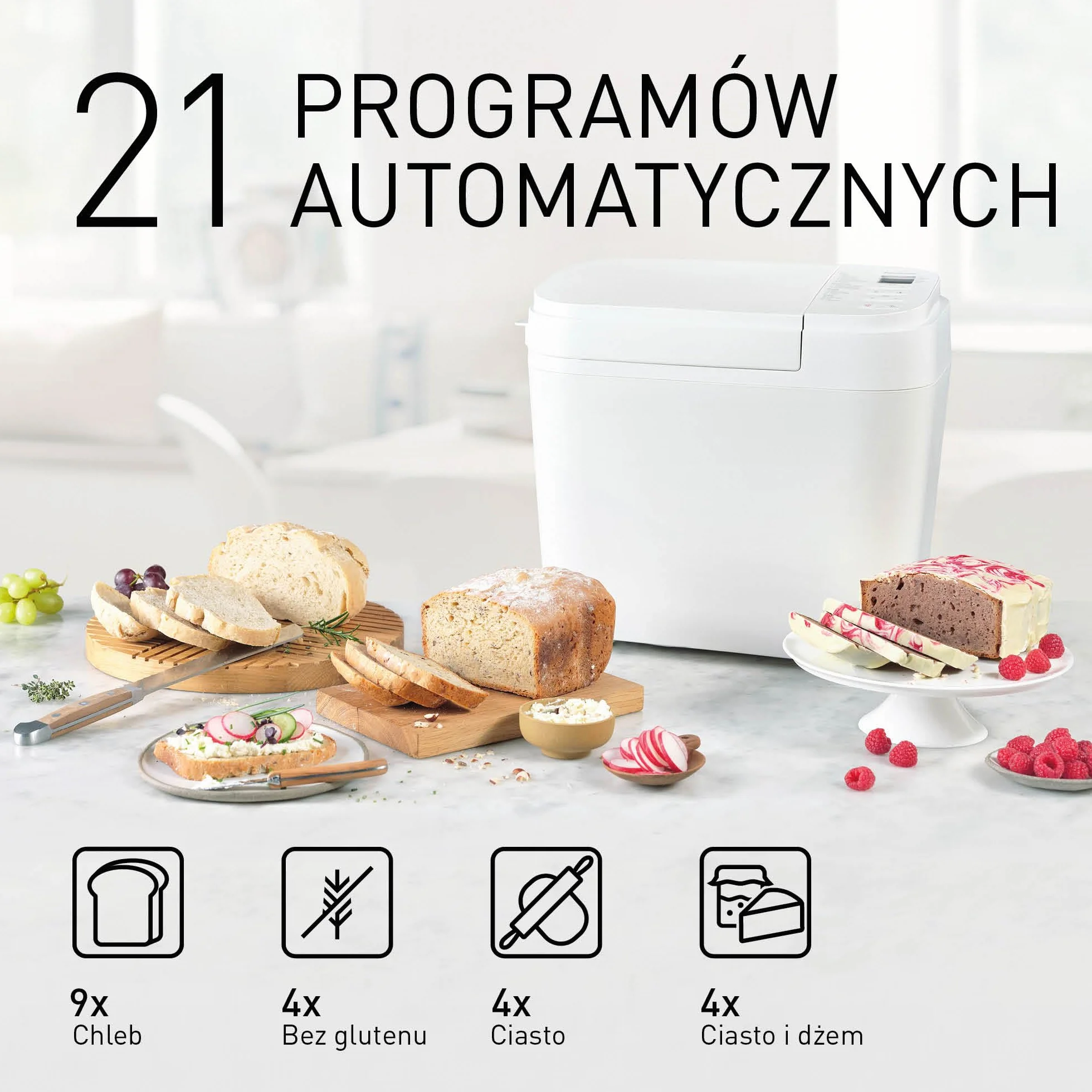 Panasonic SD-B2510WXE Wypiekacz do chleba (21 programów, podwójny czujnik temperatury, timer, 4 programy bezglutenowe), biały