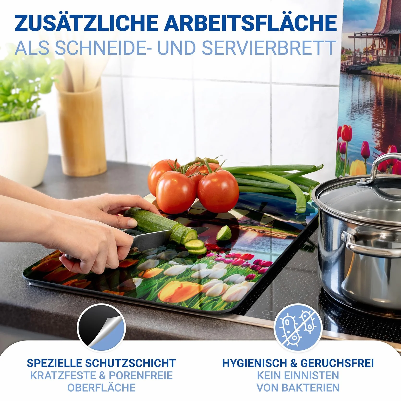 Płyta ochronna na kuchenkę uniwersalna mod. wiatrak, regulacja wysokości do wszystkich rodzajów kuchenek, deska do krojenia i ochrona przed rozpryskiwaniem, szkło, 30 x 52 cm, 2-częściowy