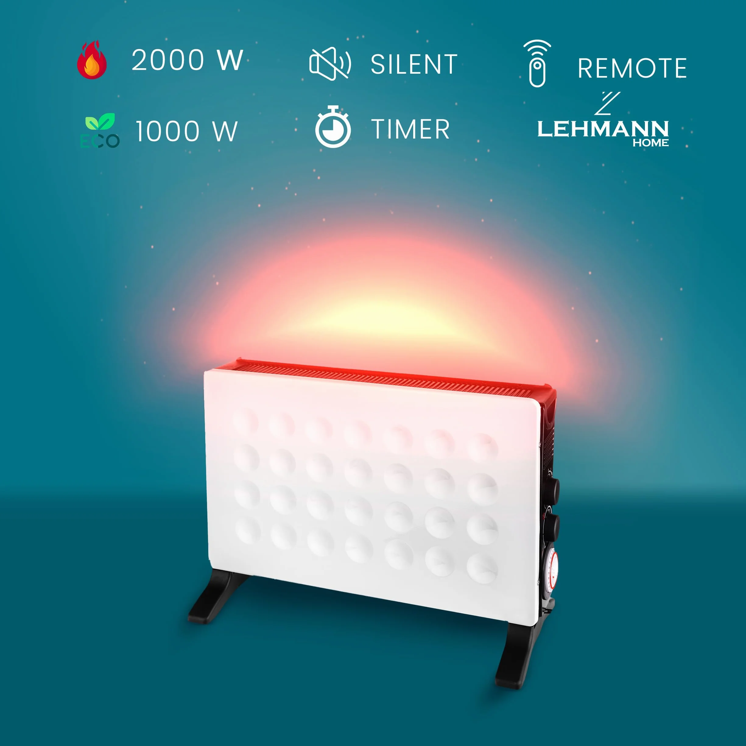 Lehmann LHOHC-2013B Grzejnik elektryczny konwektorowy Palmar 2000 W, Grzejnik z termostatem 750/1250/2000 W, ogrzewanie konwektorowe z termostatem i zabezpieczeniem przed przegrzaniem, ogrzewanie