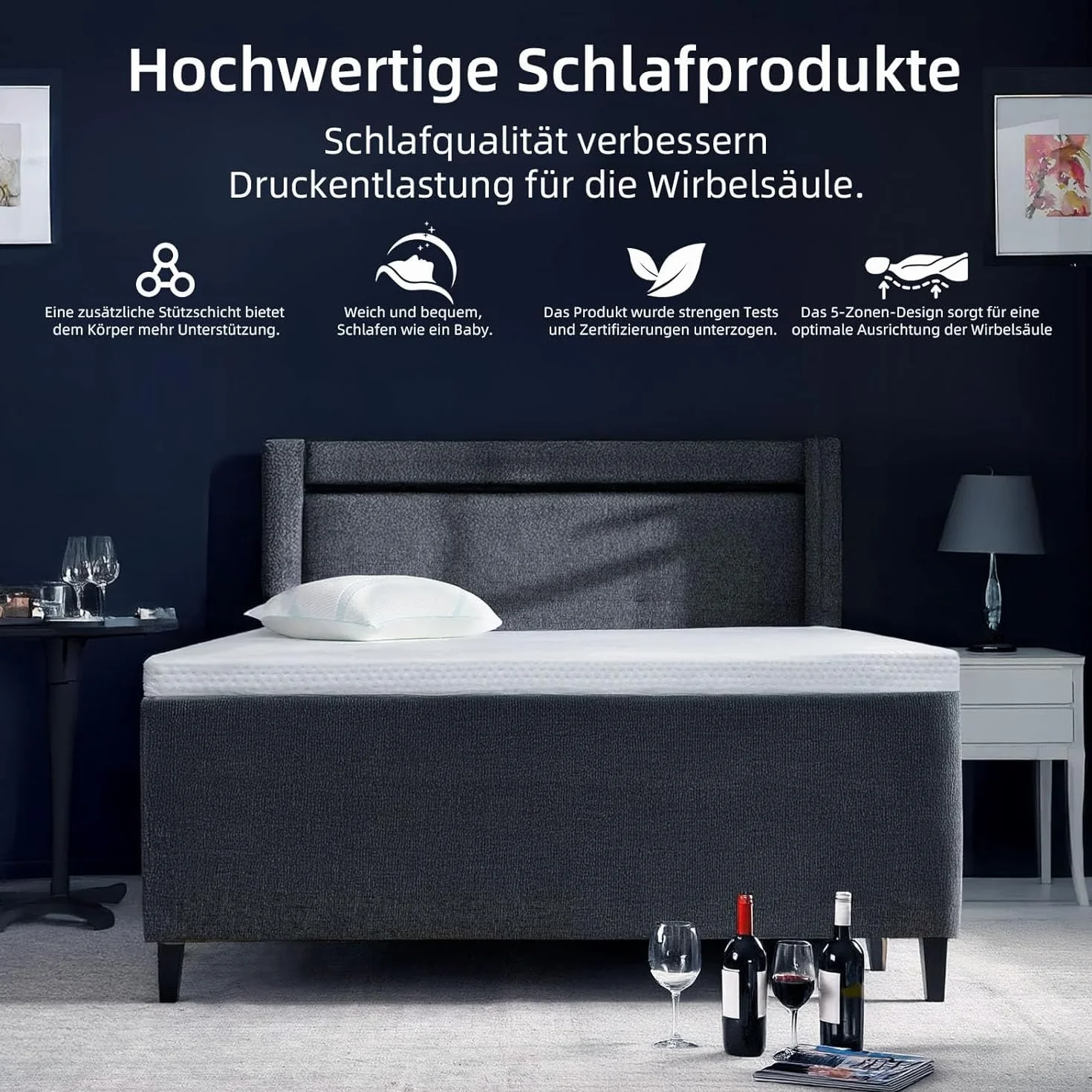 Nakładka na materac żelowa 140 x 200 cm H2 i H3 o wysokości 6 cm z wygodnej pianki żelowej, zdejmowany pokrowiec, certyfikat Oeko-Tex, Certipur-US, Reach (140 x 200 x 6)