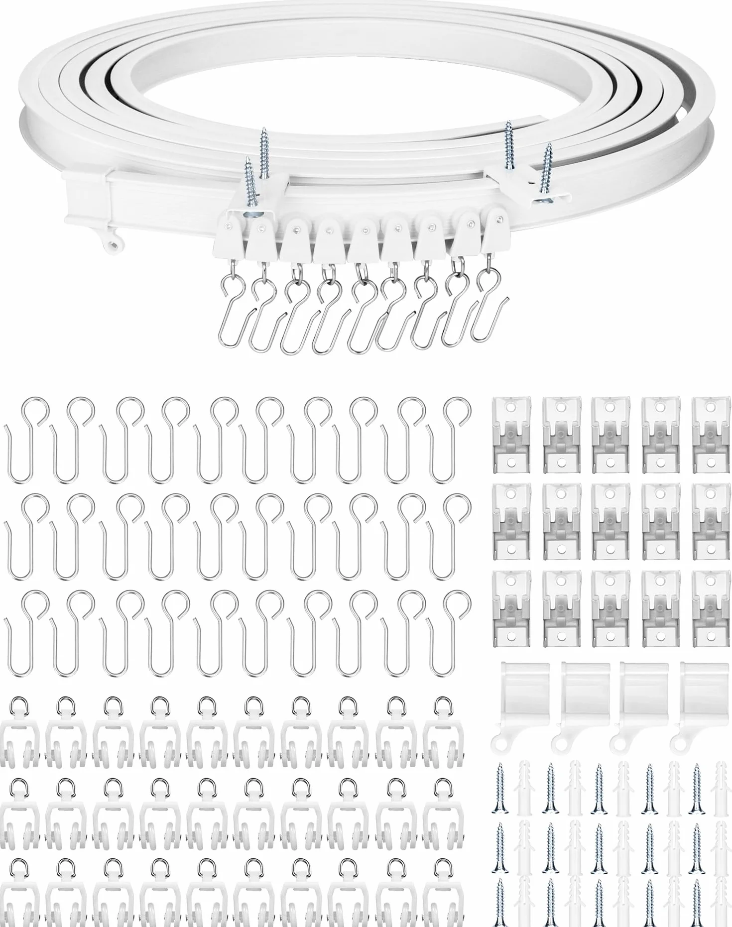 QWORK® Elastyczny system kurtyn - 5-metrowy zginany uchwyt sufitowy do kurtyn z wyciszonymi kółkami - do samochodów kempingowych, zasłon prysznicowych, okien wykuszowych, balkonów