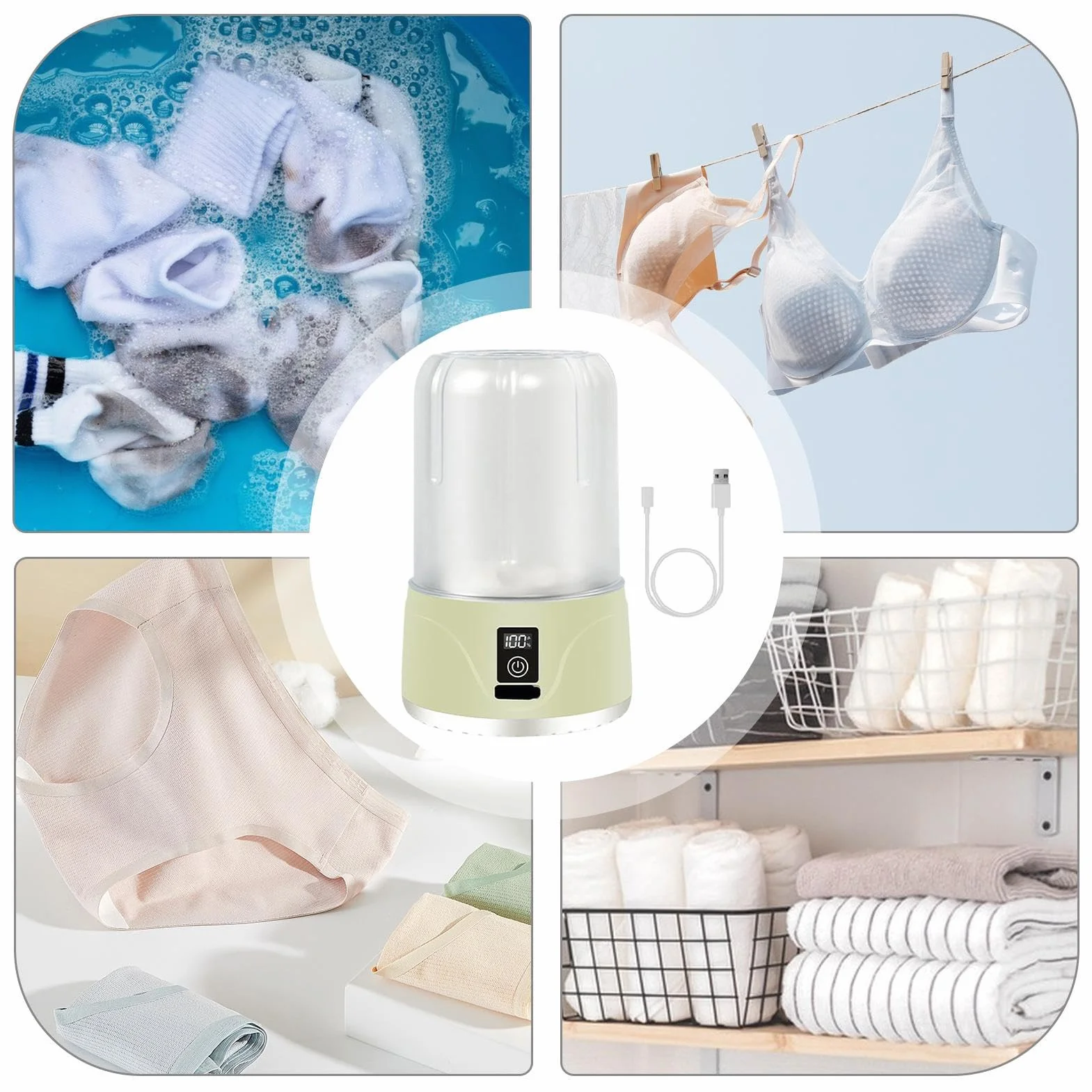 Rechargeable Portable Washing Machine, 1000ml Cordless Underwear Washer with Multiple Wash Settings