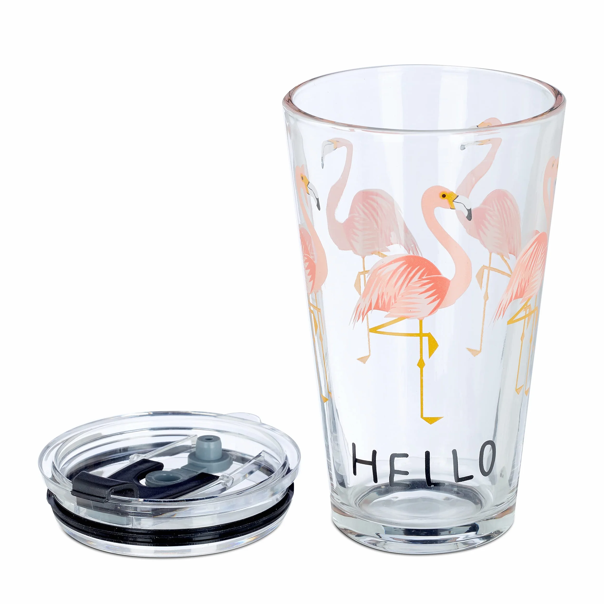 Relaxdays Szklane kubki z pokrywką i słomką, zestaw 4 szklanek do flaminga, 450 ml, nadają się do mycia w zmywarce, przezroczyste