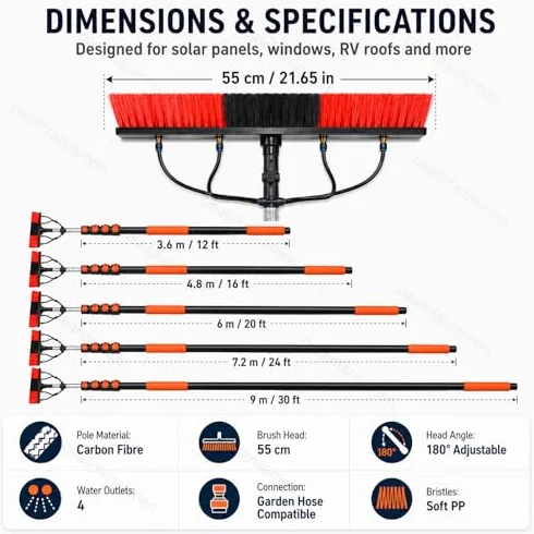 Pędzel słoneczny Pędzel do czyszczenia wód w wodzie Fed Carbon Fiber Pole 180" Rotatable Head Soft Bristles for Rooftops Windows Windows Bezziemny zasięg Efficieber Bez szorowania Nie jest potrzebna