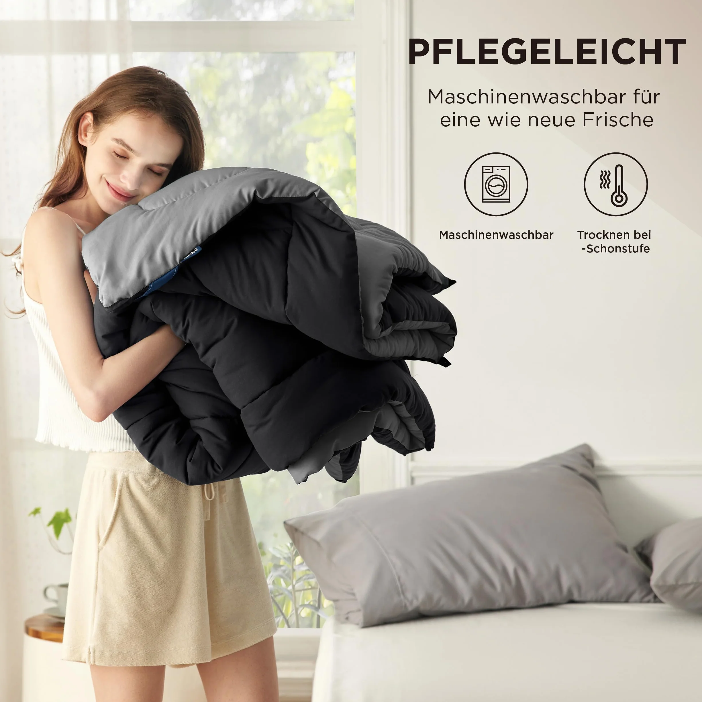 BEDSURE Kołdra pikowana 155 x 220 cm, całoroczna, bez poszewki 155 x 220 cm, 300 g/m², na 4 pory roku, dwustronna, kolor czarny/szary, miękka, ciepła kołdra do spania dla alergików