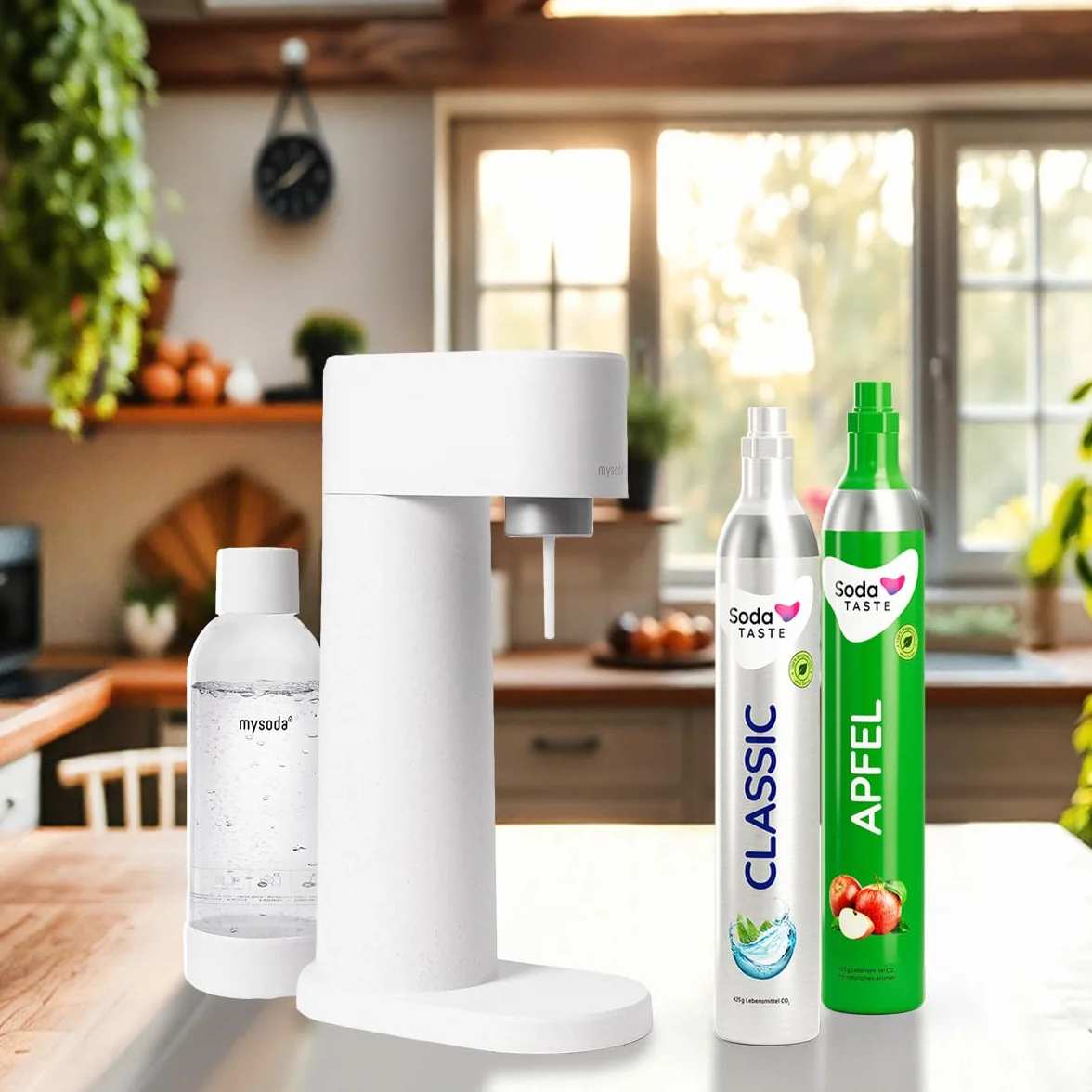 Zestaw ekonomiczny: Mysoda Woody – saturator z odnawialnego kompozytu drewnianego, z plastikową butelką o pojemności 1 l, bez BPA, cylinder CO2 Classic + cylinder CO2 jabłko (biały)