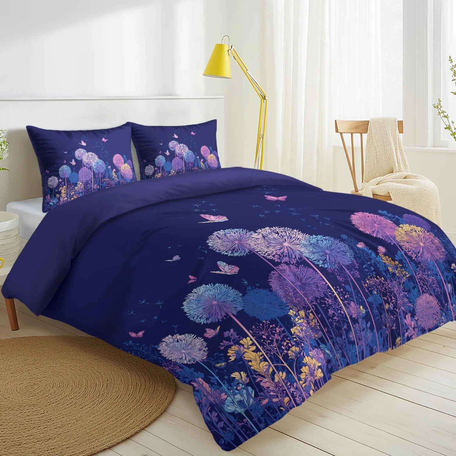 Generisch Elegancka pościel z dmuchawca 200 x 200 cm, 3-częściowy zestaw pościeli – bajecznie romantyczna pościel z mikrofibry, z 2 poszewkami na poduszki, fioletowa