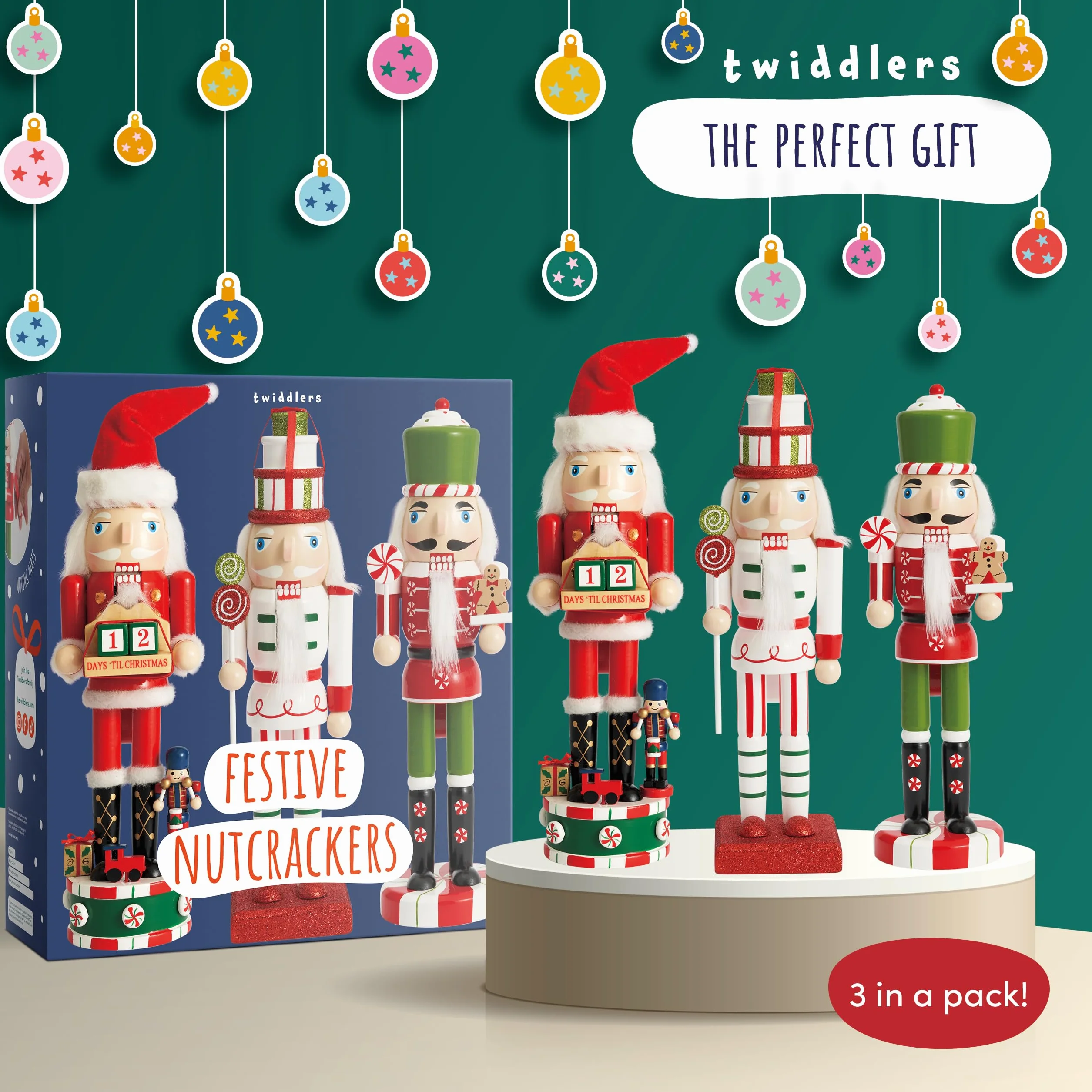 THE TWIDDLERS - 3 x drewniany dziadek do orzechów, 25 cm, świąteczny kolor i odliczanie - Tradycyjne klasyczne ozdoby z drewna sosnowego, ręcznie robione ozdoby świąteczne z częściami