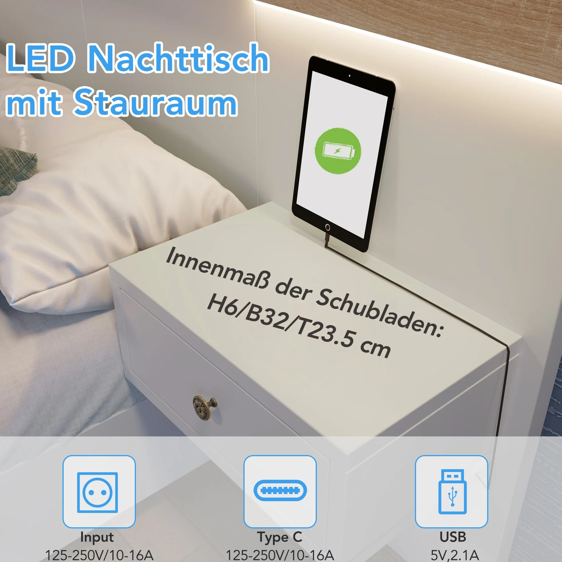 Sapgaks Łóżko 160 x 200 z listwami i głową, łóżko do bagażnika z 2 stolikami nocnymi LED i gniazdem USB, łóżko dla 2 osób z miejscem do przechowywania, podwójna rama, zestaw z białego dębu (bez