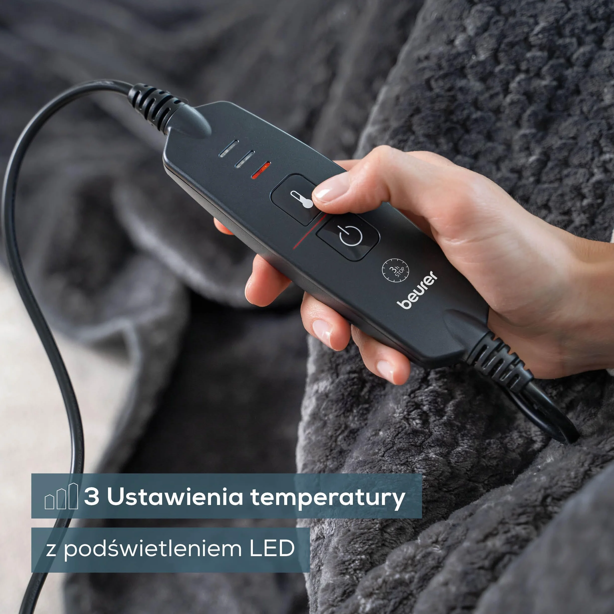 Beurer HD 65 koc elektryczny, przytulny koc grzewczy z 3 poziomami temperatury, z automatycznym wyłączaniem i systemem bezpieczeństwa, nadający się do prania w pralce, made in Europe, szary