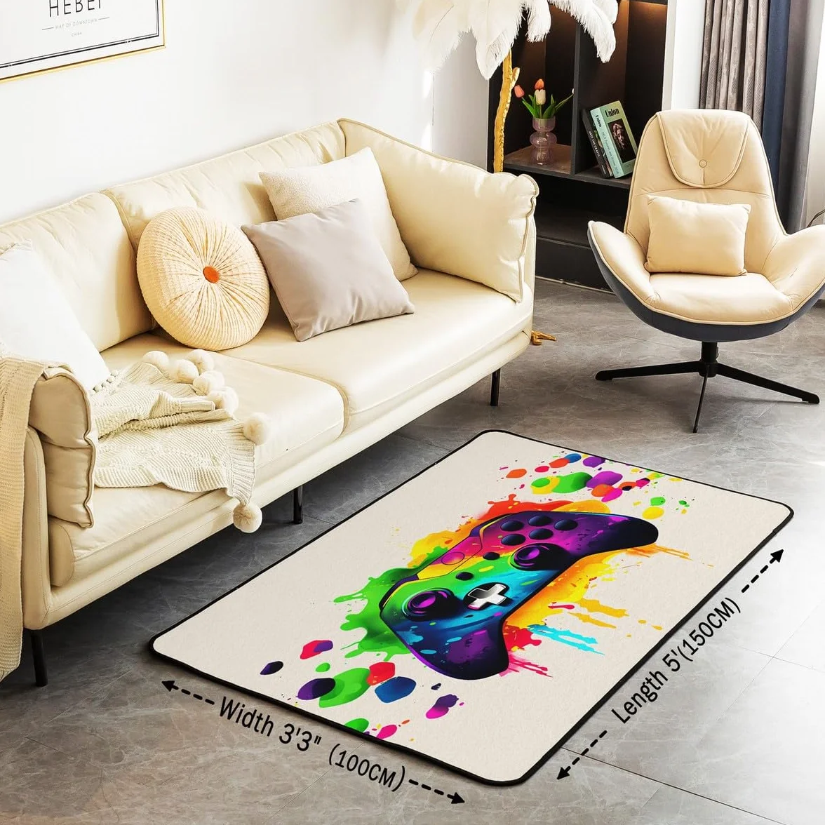 Loussiesd Dywan do salonu dla graczy, 150 x 200 cm, gamingowy dywan akcentujący dla chłopców, dziewcząt, nastolatków, nowoczesny kontroler konsoli do gier, mata podłogowa, joystick, beżowa,