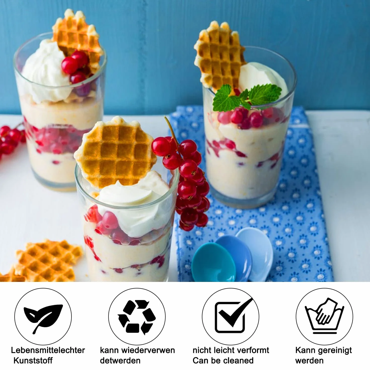 Finger Food, 50 szt. kubków z jedną porcją słodkich porcji, 90 ml, przezroczyste plastikowe kubki z 50 łyżkami, wielokrotnego użytku, do lodów, ciast, żelowych puddingów
