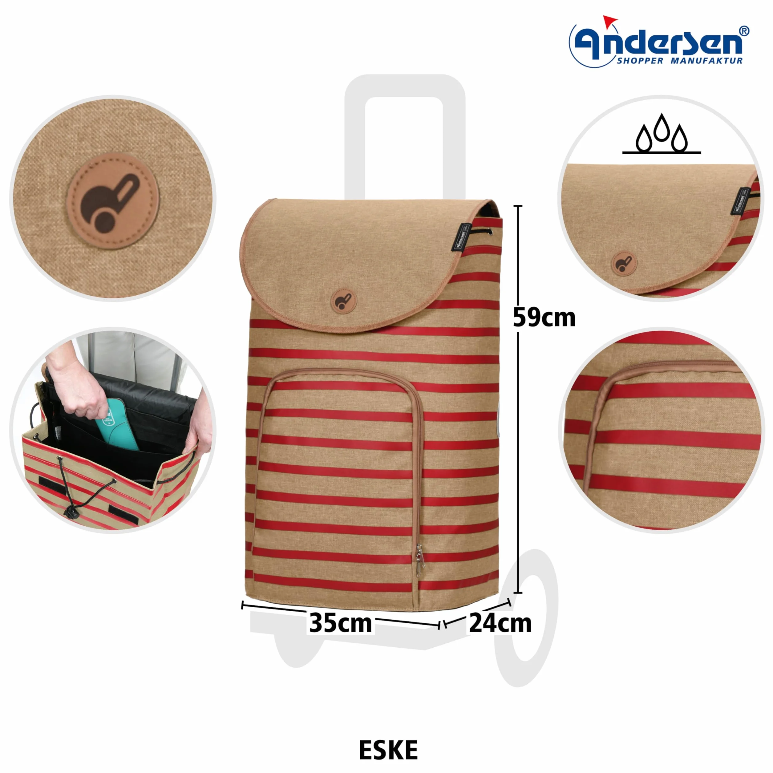 ANDERSEN Wózek na zakupy – Shopper Eske czerwony wózek ręczny 47 l, nowoczesny, zrównoważony, na zakupy, aluminium, ergonomiczny uchwyt, z regulacją wysokości, koło łożyska kulkowego