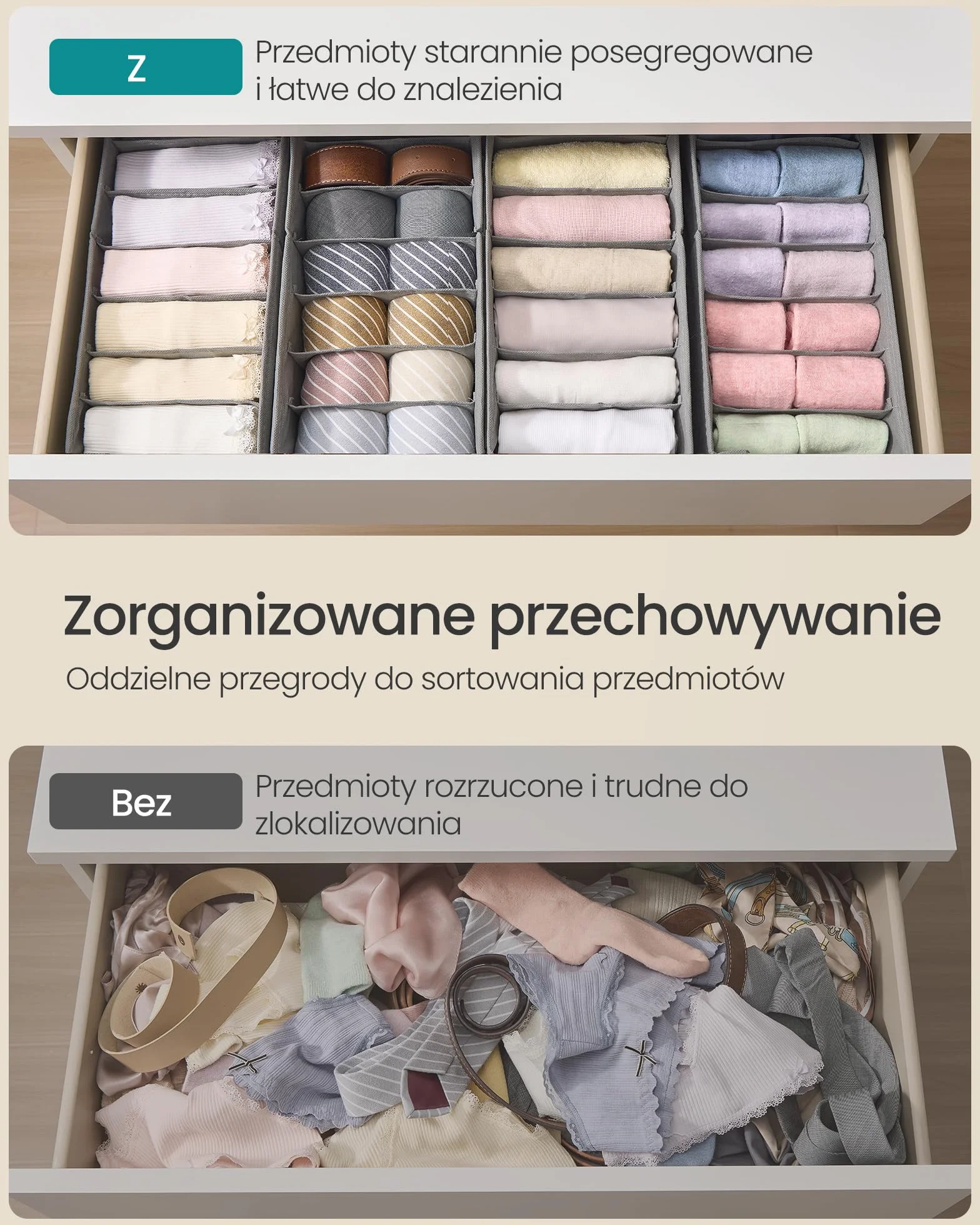 SONGMICS Zestaw 4 organizerów na bieliznę, organizer do szuflady do komód IKEA HEMNES i MALM, z przegródkami, składany organizer do szafy, 40 x 16 x 10 cm na skarpetki, gołębi szary RUS014G01