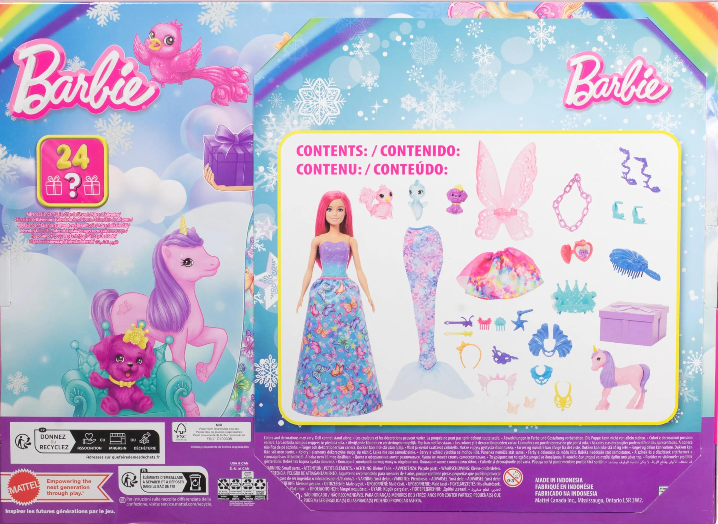 Barbie Dreamtopia Kalendarz adwentowy Kraina Fantazji z lalką o różowych włosach i 24 niespodziankami, takimi jak jednorożec i 3 małe zwierzątka, transformacja w syrenkę, wróżkę i nie tylko, HRG90