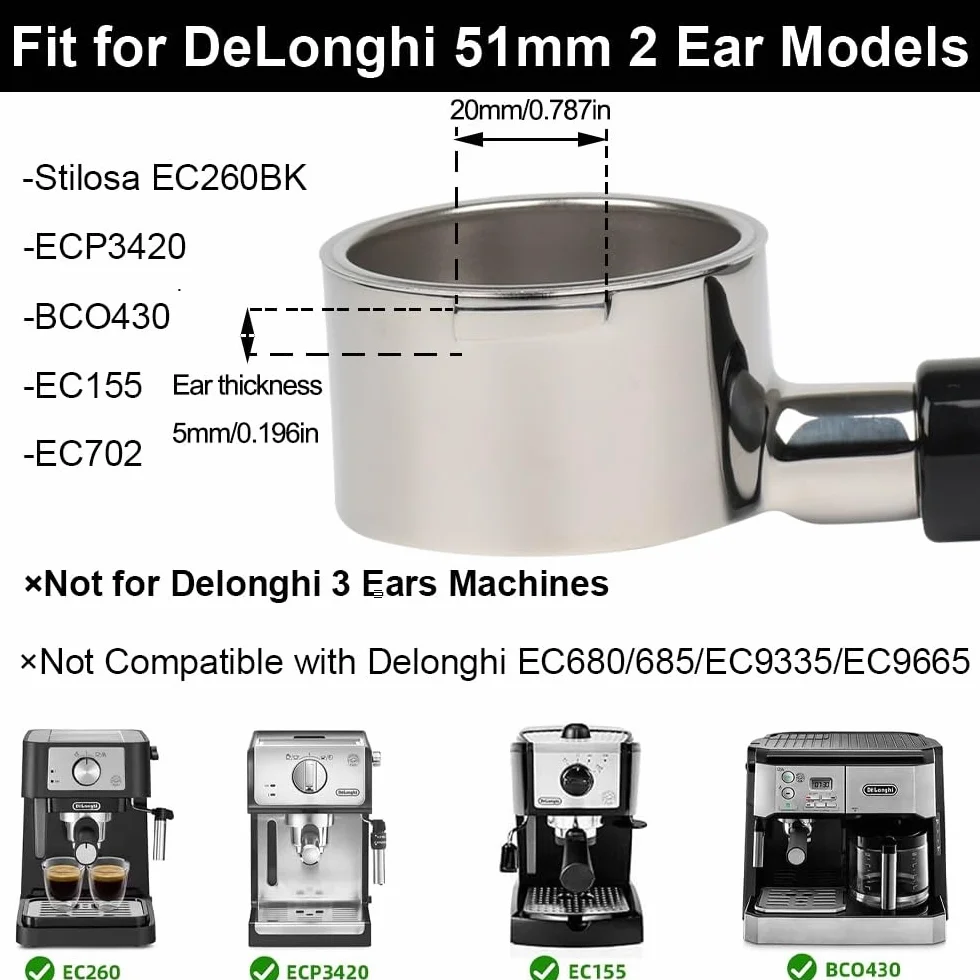 Filtr portafilter 51 mm do Delonghi ECP3420/EC155/BCO430/EC260, 51 mm bezdenny filtr portafilter 2 uszy, części zamienne ze stali nierdzewnej do uchwytu Delonghi