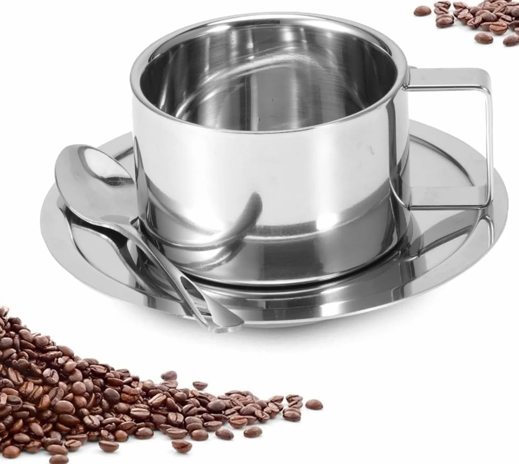 Fyearfly 3 szt./zestaw kubek do kawy ze stali nierdzewnej podwójna ścianka kubek do kawy łyżka spodek zestaw do kawy latte cappuccino espresso przybory kuchenne, srebrny, wykwintny kubek do kawy