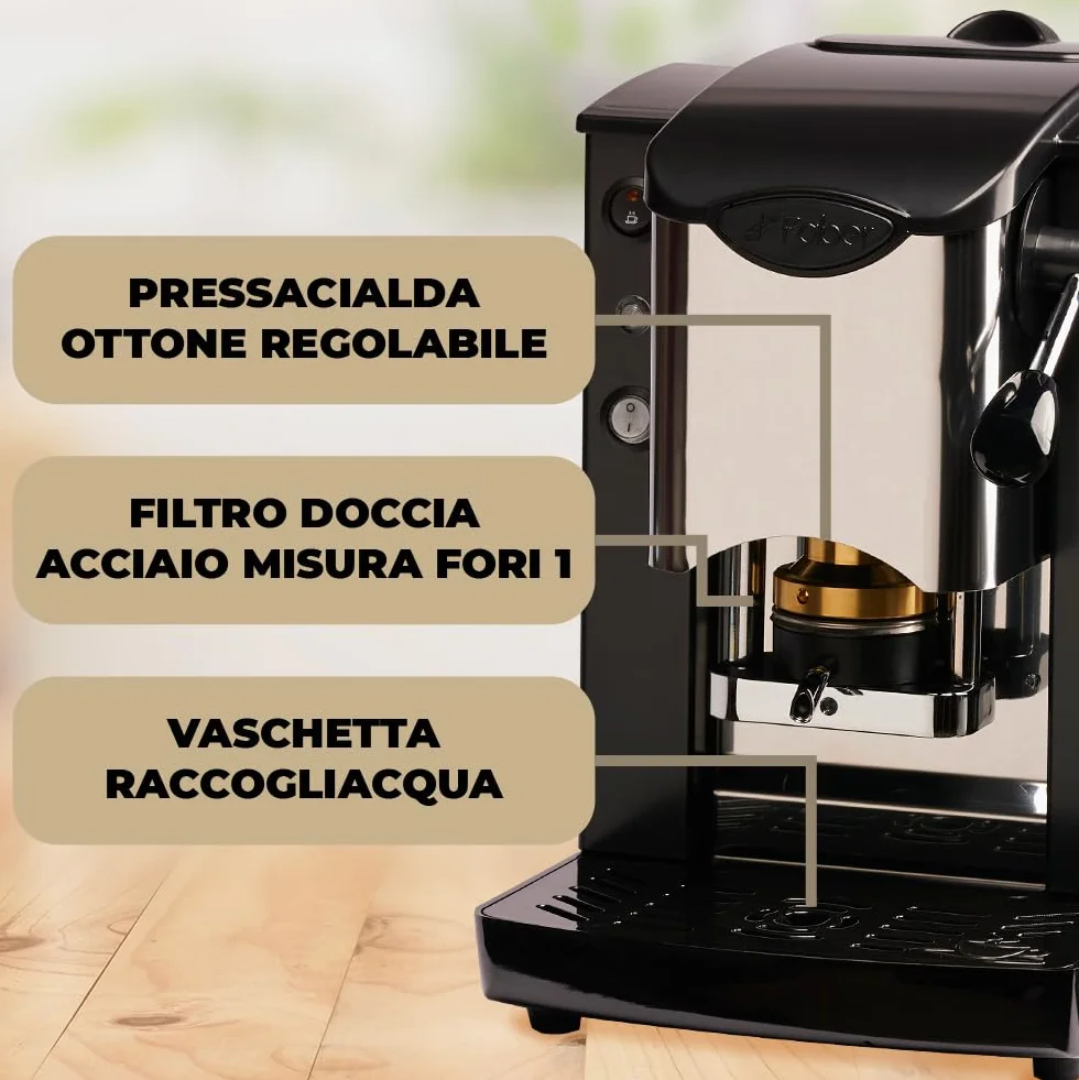 FABER COFFEE MACHINES | Model z wbudowanym gniazdem ze stali nierdzewnej | Ekspres do kawy 44 mm | Kolor czarny z tworzywa sztucznego Burgundowy | Mosiężna prasa do kapsułek (czarny/czarny)