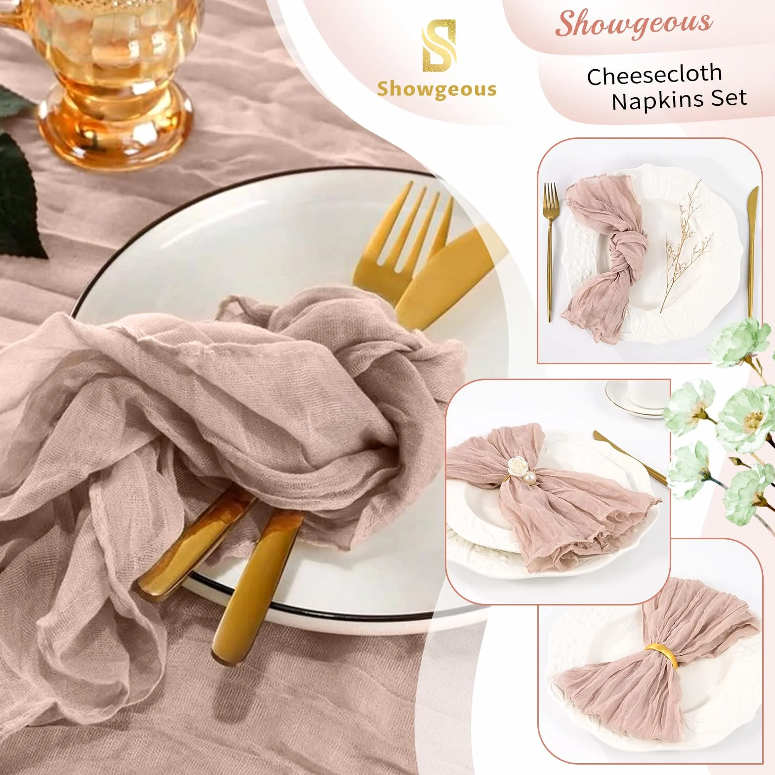 10 szt. brązowo-różowych serwetek serowych 50 x 50 cm, nadające się do prania, zestaw 10 pomarszczonych serwetek z gazy, serwetki stołowe na wesele, baby shower, dekoracja urodzinowa