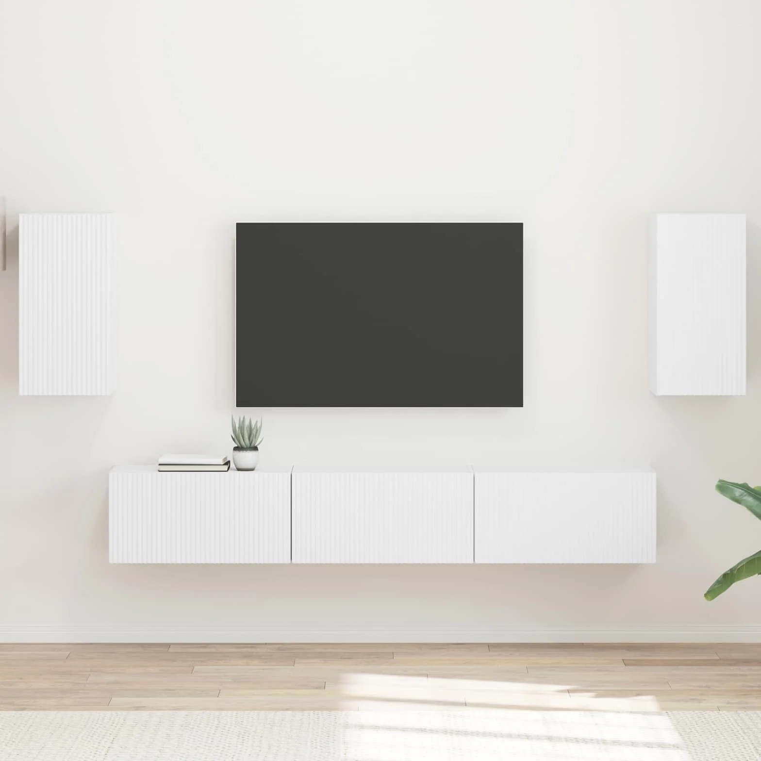 nowoczesny zestaw do montażu na ścianie, 5-częściowy, biały materiał drewniany z dwiema szafkami ściennymi i trzema szafkami telewizyjnymi do przechowywania urządzeń, płyt DVD i konsol.