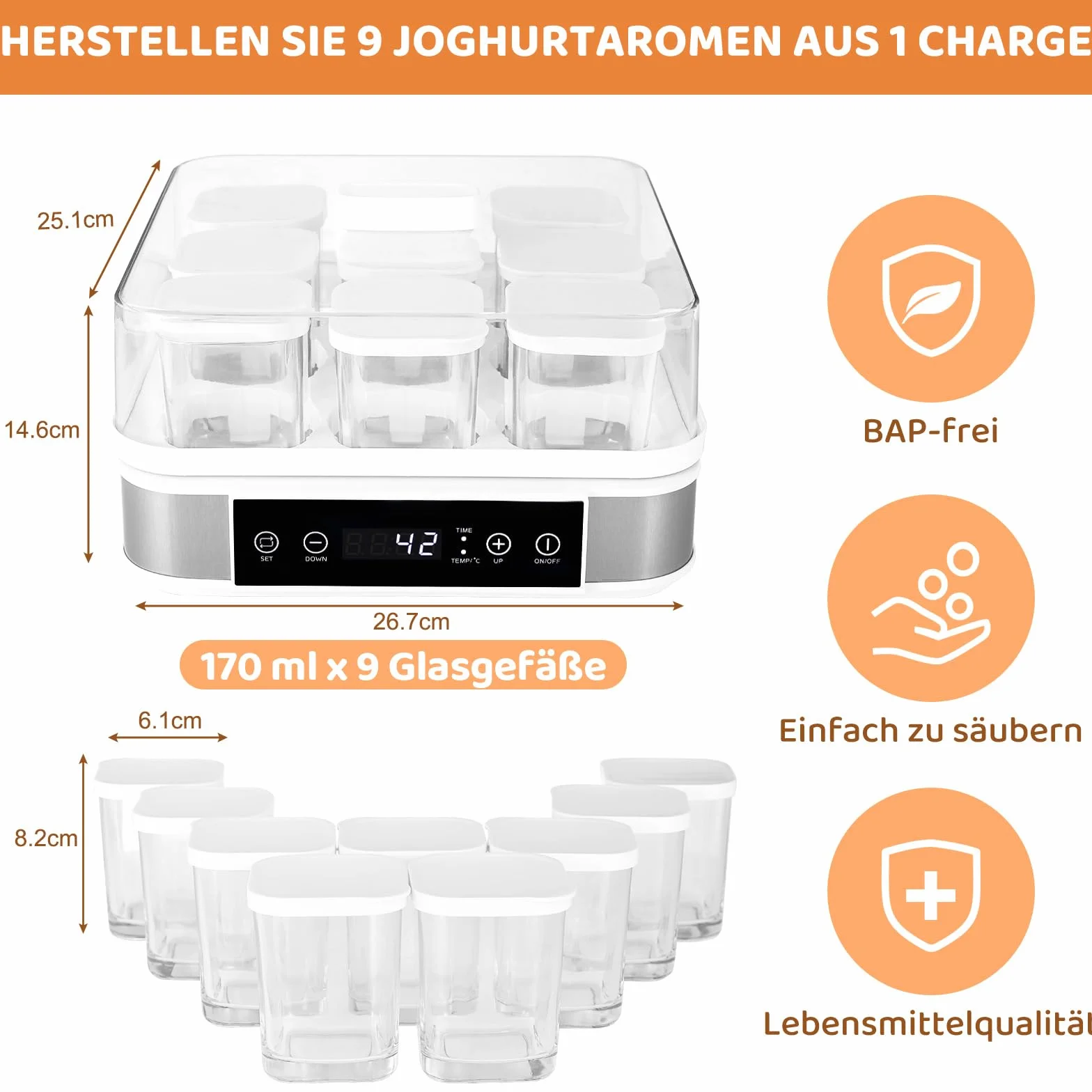 Automatyczna Cyfrowa Maszyna do Jogurtu z 9 Słoikami, 40 W, bez BPA, Timer