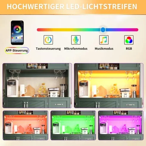 vutizal Szafka bufetowa z oświetleniem LED – 4 drzwi, 2 szuflady, regał na przekąski i szafka kuchenna z płyty MDF, 120 x 40 x 188 cm, zielona konstrukcja z blatem roboczym