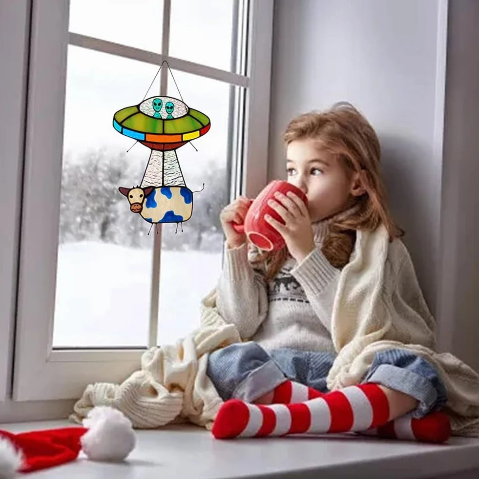 UFO Malowane Witraż Wiszący Panel Drzwi Wiszące Ogród Wystrój Cętkowany B