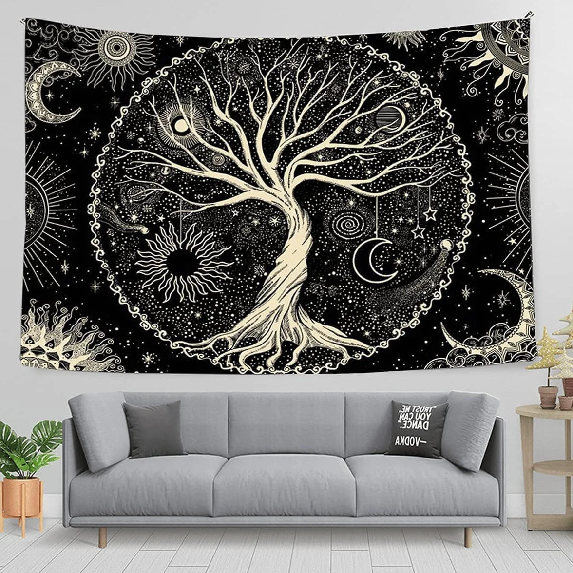 Arawat Tapestry Tree of Life Tapestry Black White Tapestry Moon Sun Tapestry Wall Decor Psychedelic Rug Gothic Tapestry Trippy Tapestry Wall Cloth Wall Hanging Wall Decor (150 x 130cm)