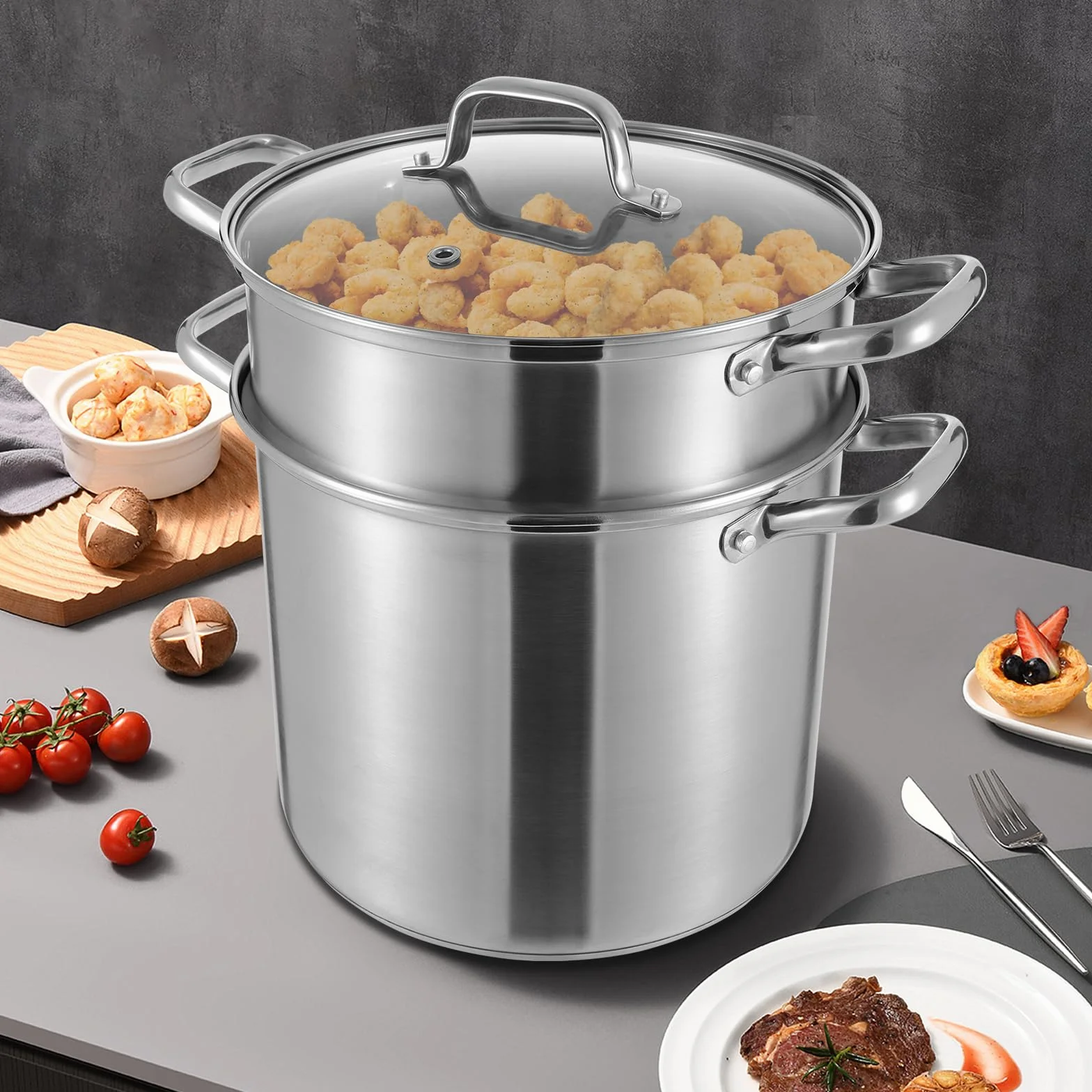 Garnek do gotowania, 8 l, duży garnek ze stali nierdzewnej, z koszem do smażenia i wkładką na parze, garnek do zupy do kuchenek gazowych, indukcyjnych, halogenowych i elektrycznych, nadaje się do