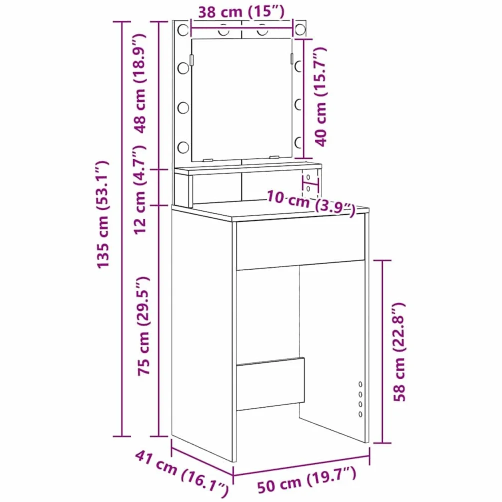 vidaXL Toaletka z lampkami LED w Sonoma Oak, 50x41x135 cm