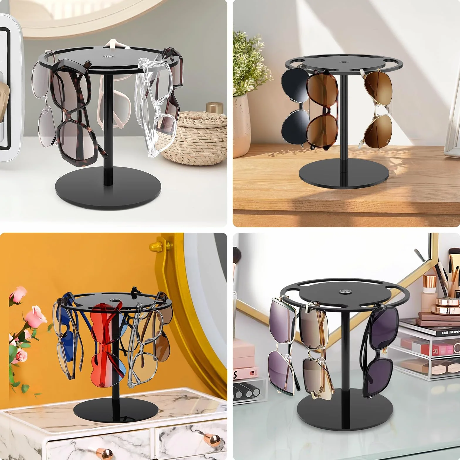Obrotowy organizer na okulary 360° – stojak na kilka par okularów i okularów przeciwsłonecznych, akrylowy uchwyt do przechowywania, czarny, display na stół do domu