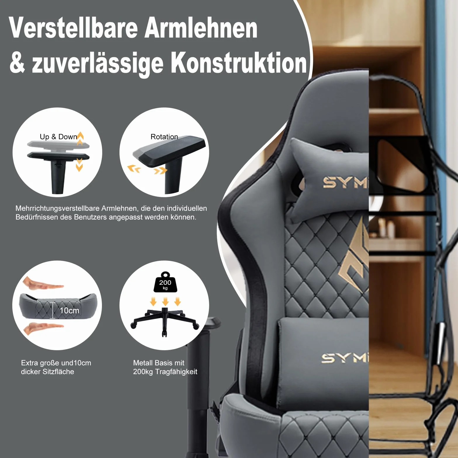 Symino Ergonomiczne Krzesło Gamingowe w Stylu Wyścigowym – Skóra Syntetyczna Vintage, Regulowane Podłokietniki, z Podnóżkiem/Szary